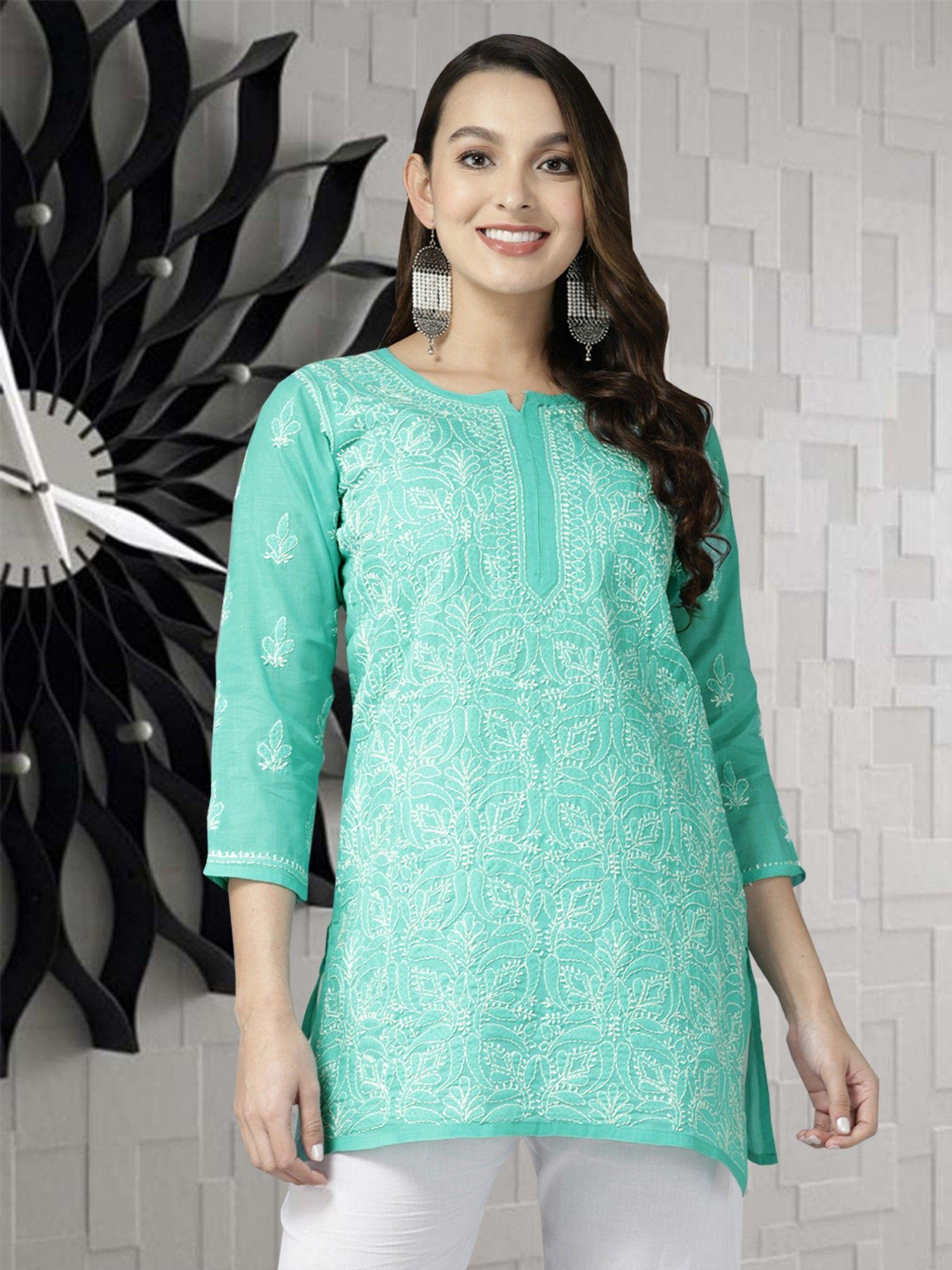 hand embroidered sea green cotton lucknowi stylish chikankari kurti