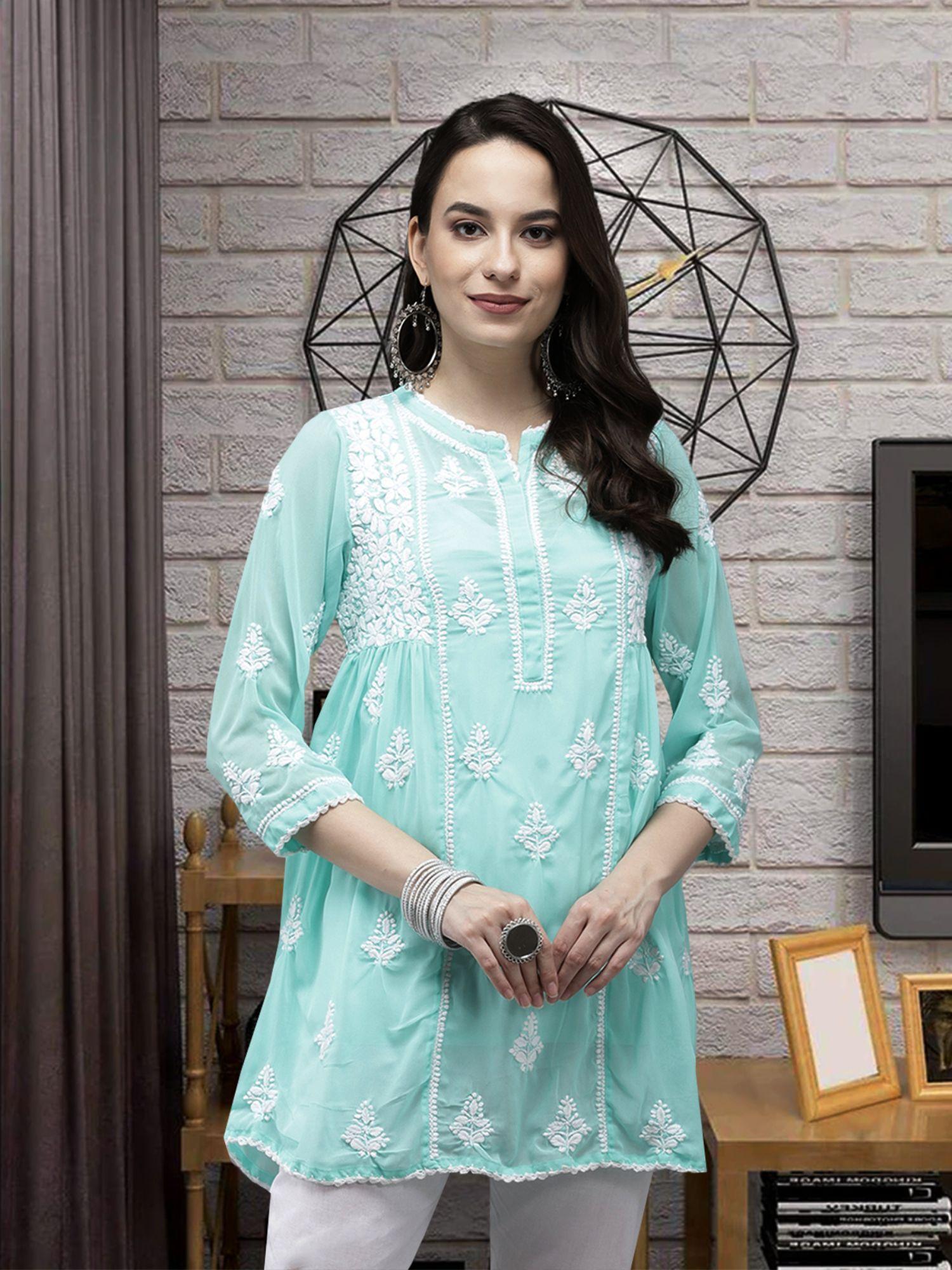 hand embroidered sea green georgette lucknow chikankari kurti with slip (set of 2) [a911146]