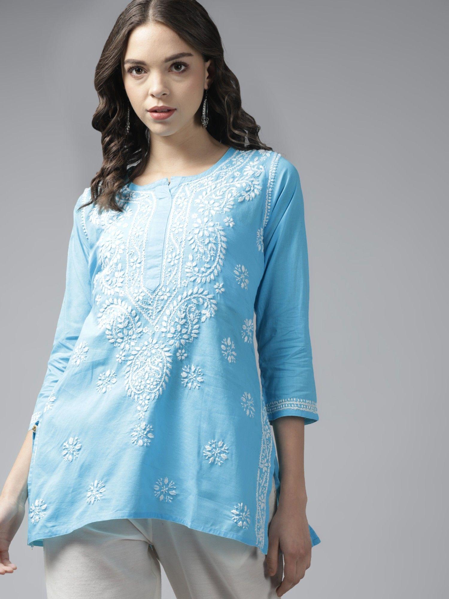 hand embroidered sky blue cotton traditional lucknow women chikankari kurti