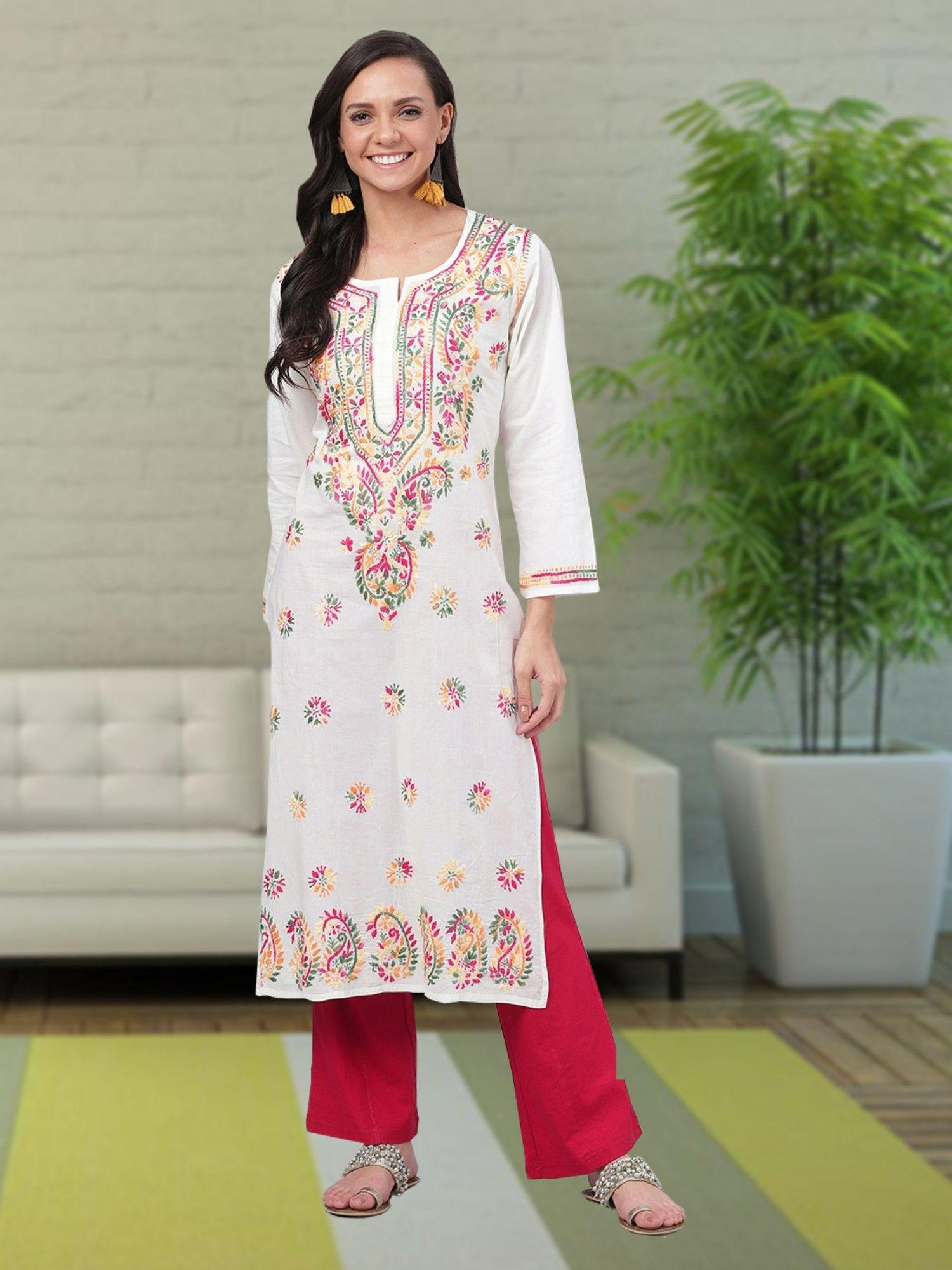 hand embroidered white cotton lucknow chikan kurta (xs) (a207576)