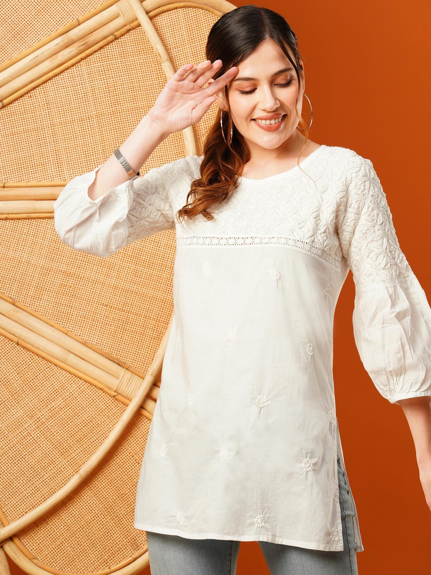 hand embroidered white cotton lucknow women chikankari kurti a911201