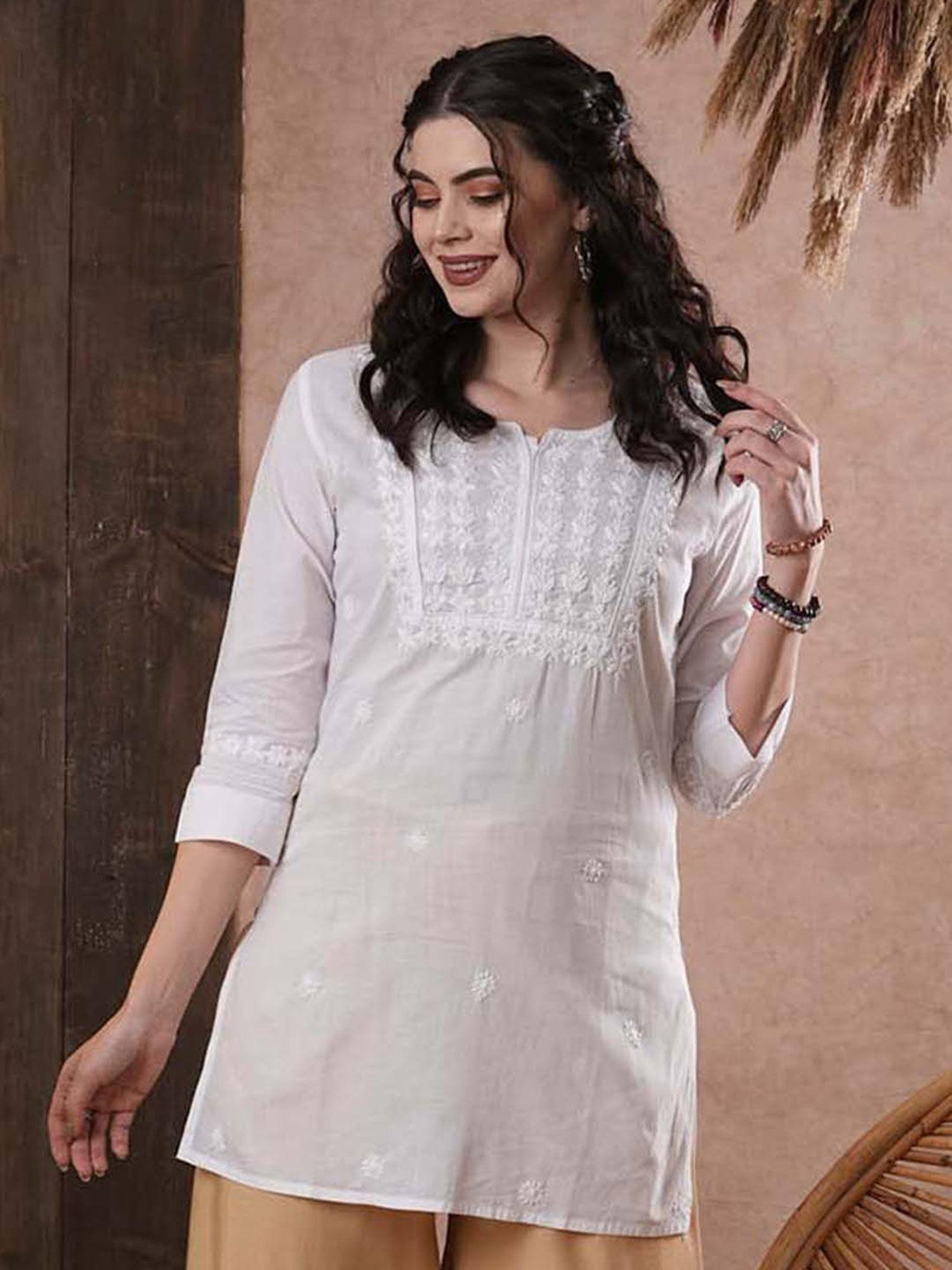 hand embroidered white cotton lucknow women chikankari kurti a911205