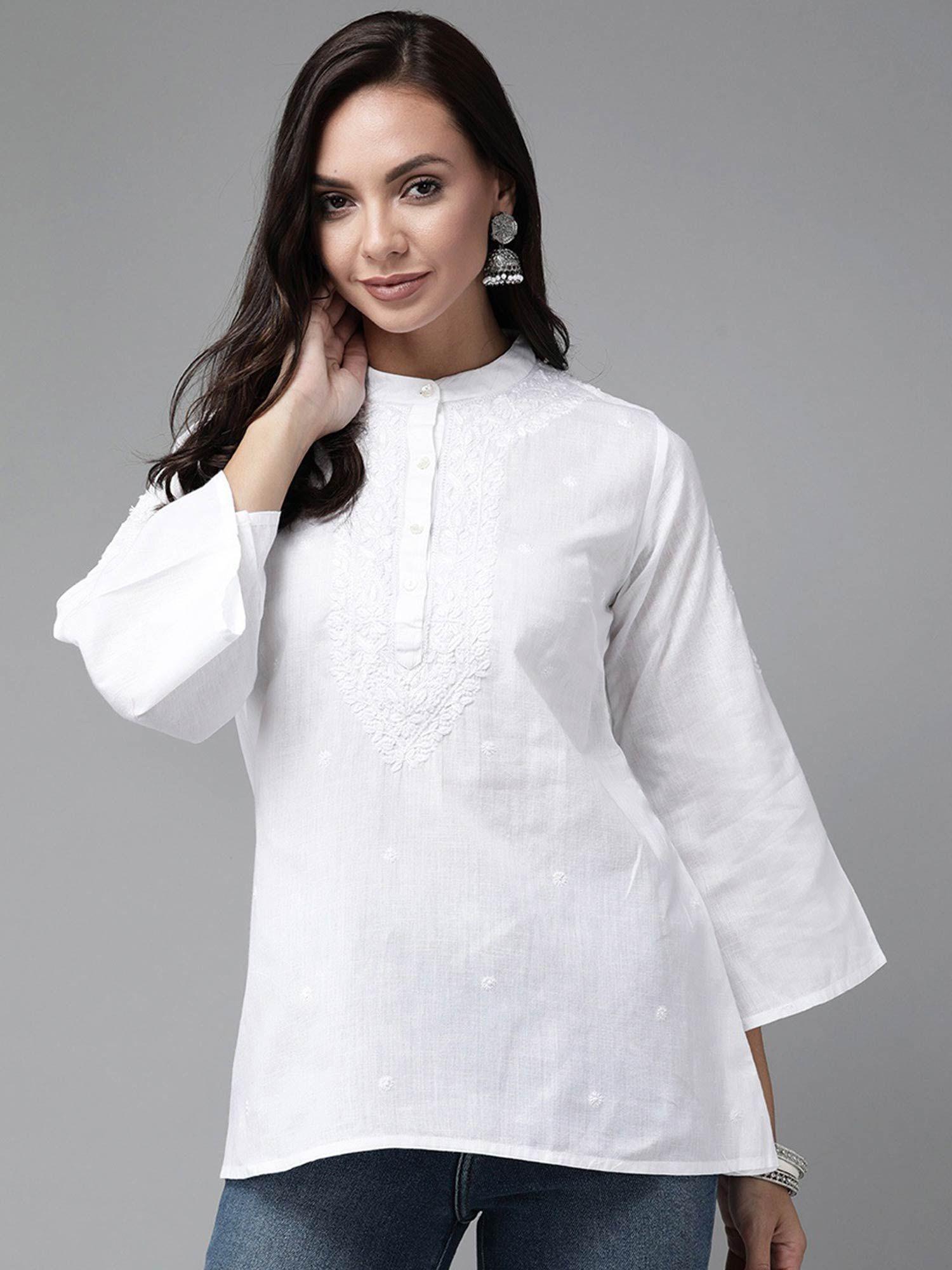 hand embroidered white cotton lucknow women chikankari kurti a911233