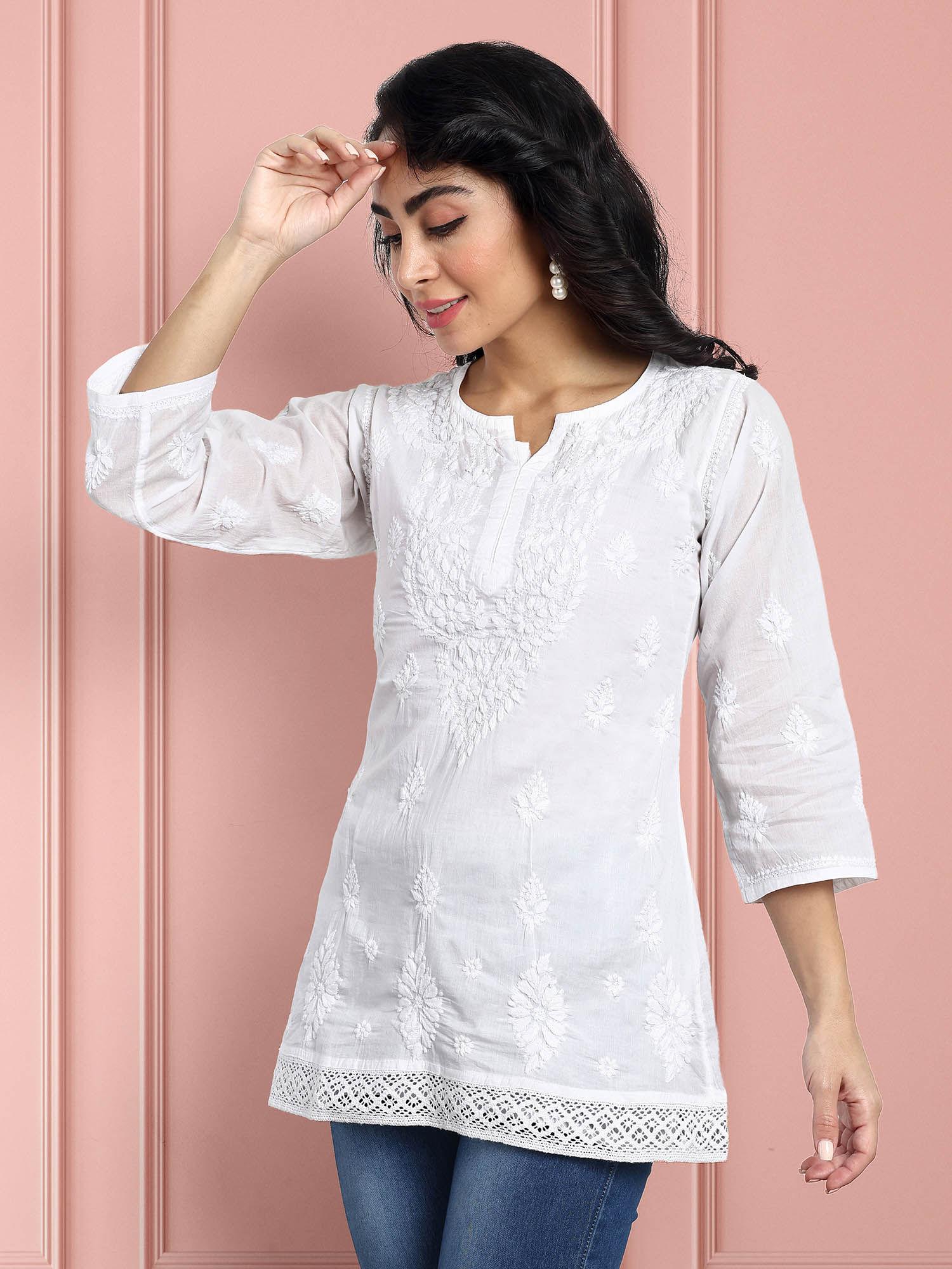 hand embroidered white ethnic cotton chikankari kurti [a100385]