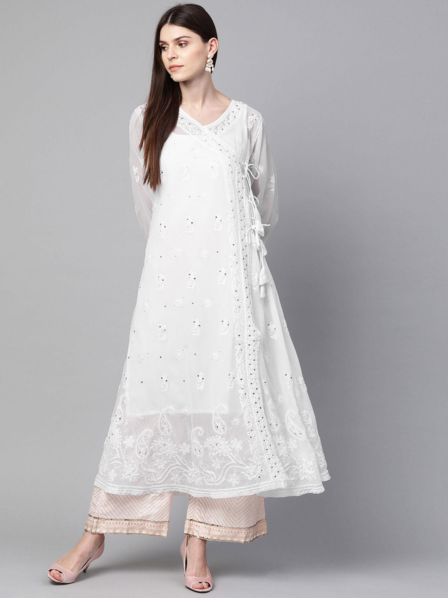 hand embroidered white faux georgette lucknow chikan kurta with slip (set of 2) [a100430]