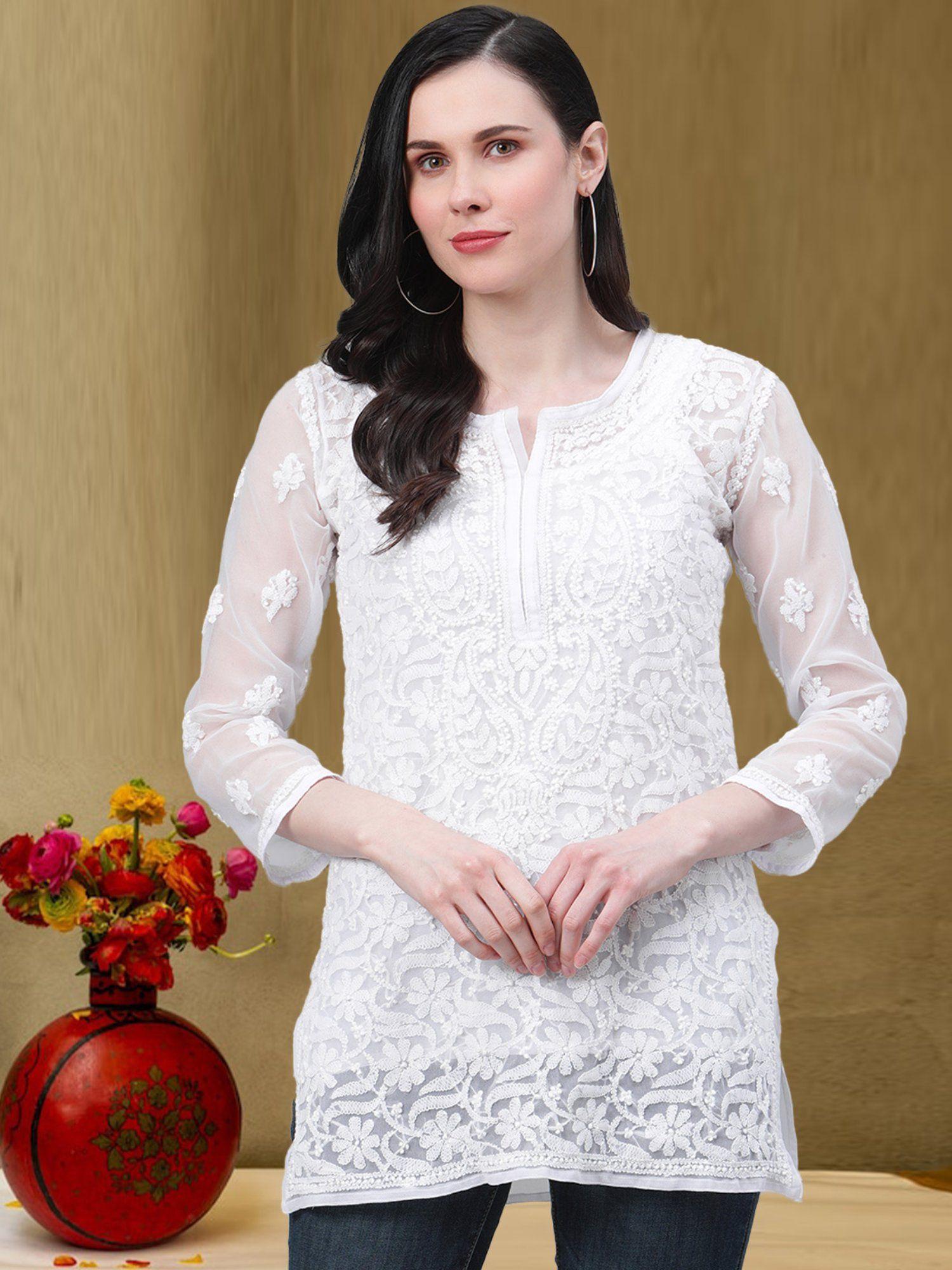 hand embroidered white georgette lucknow chikankari kurti & slip (a211586)