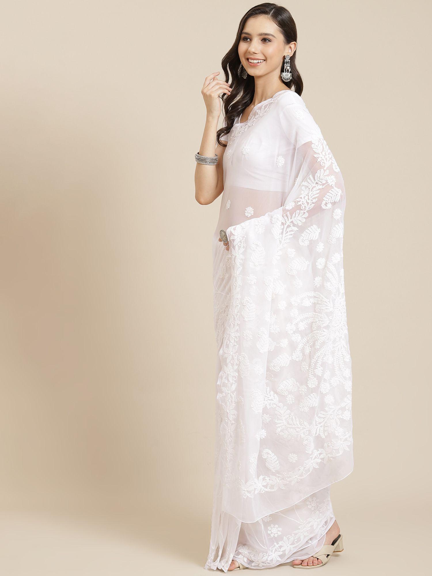 hand embroidered white georgette lucknowi chikankari saree with unstitched blouse