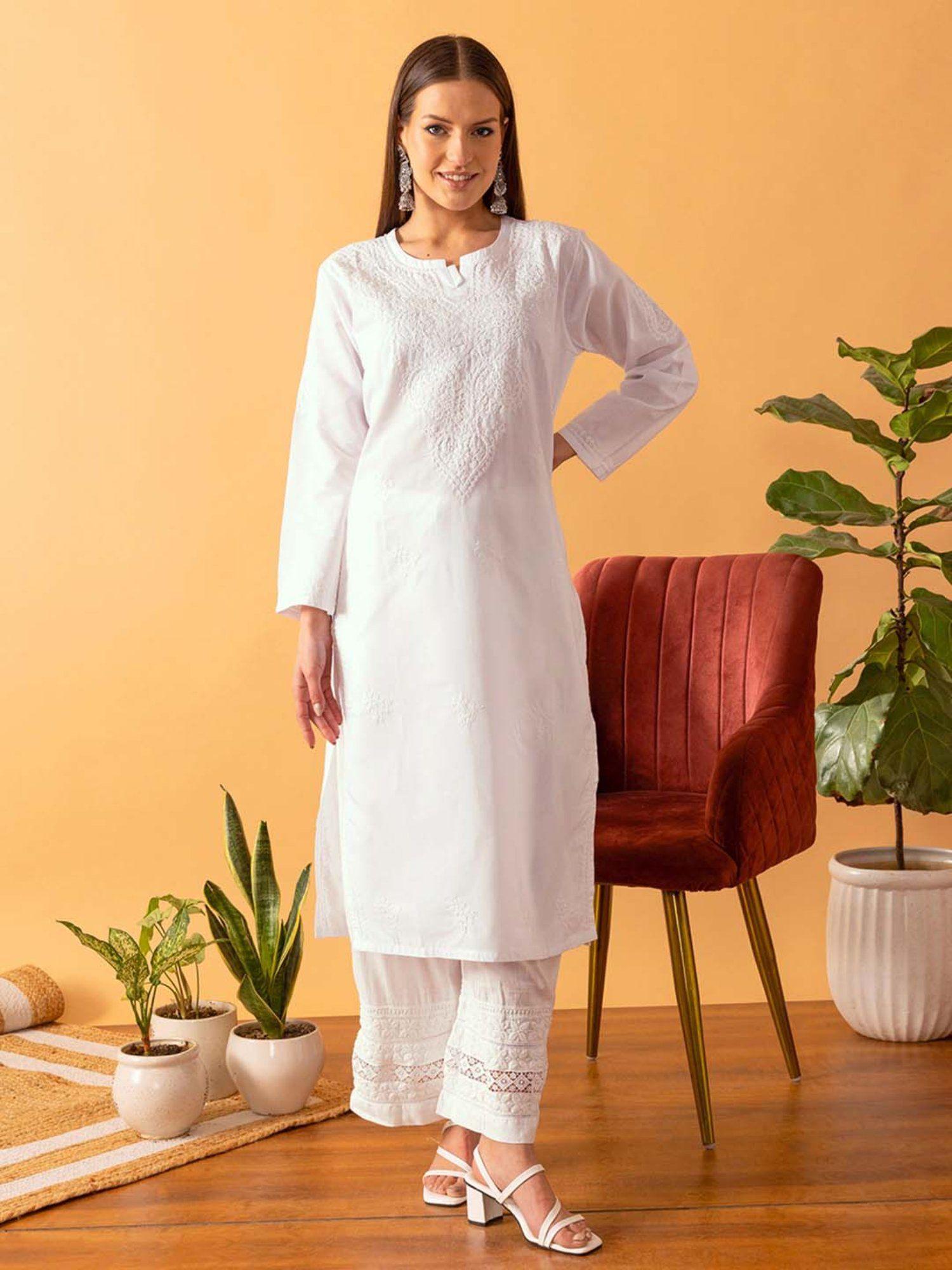 hand embroidered white lucknowi chikankari cotton kurta [a100351]