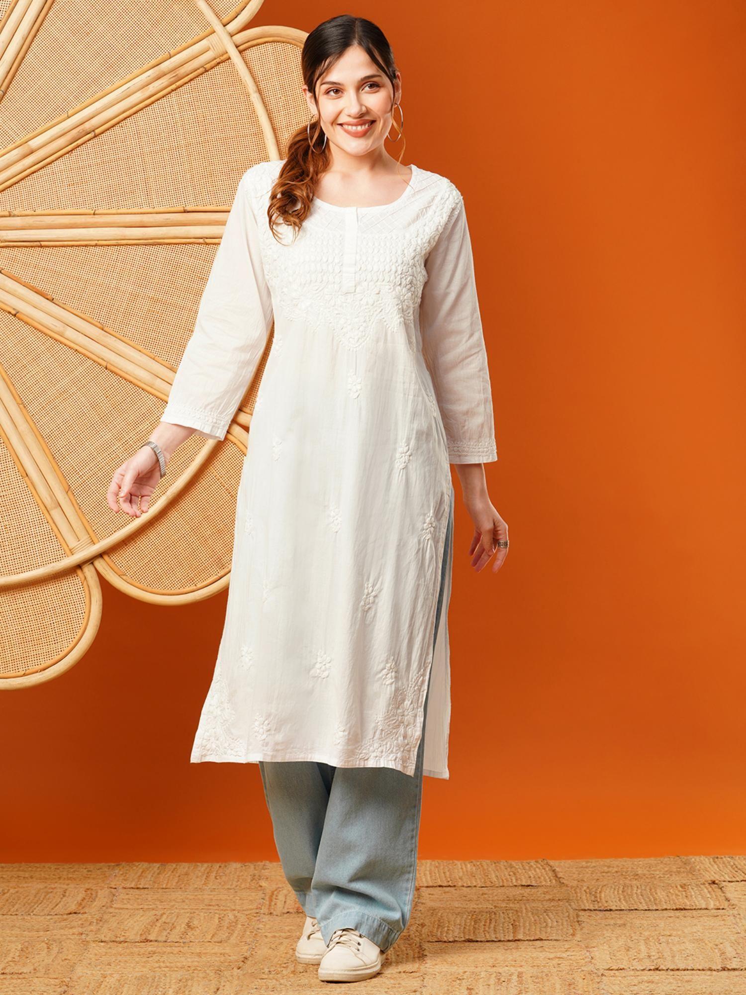 hand embroidered white lucknowi chikankari cotton kurta [a100376]