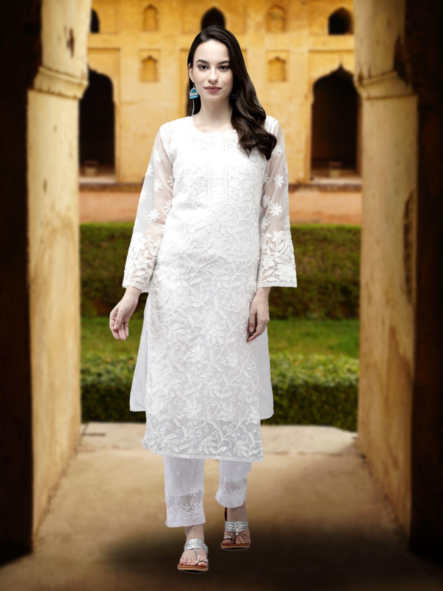 hand embroidered white organza lucknowi chikankari kurta with slip (set of 2) a411302