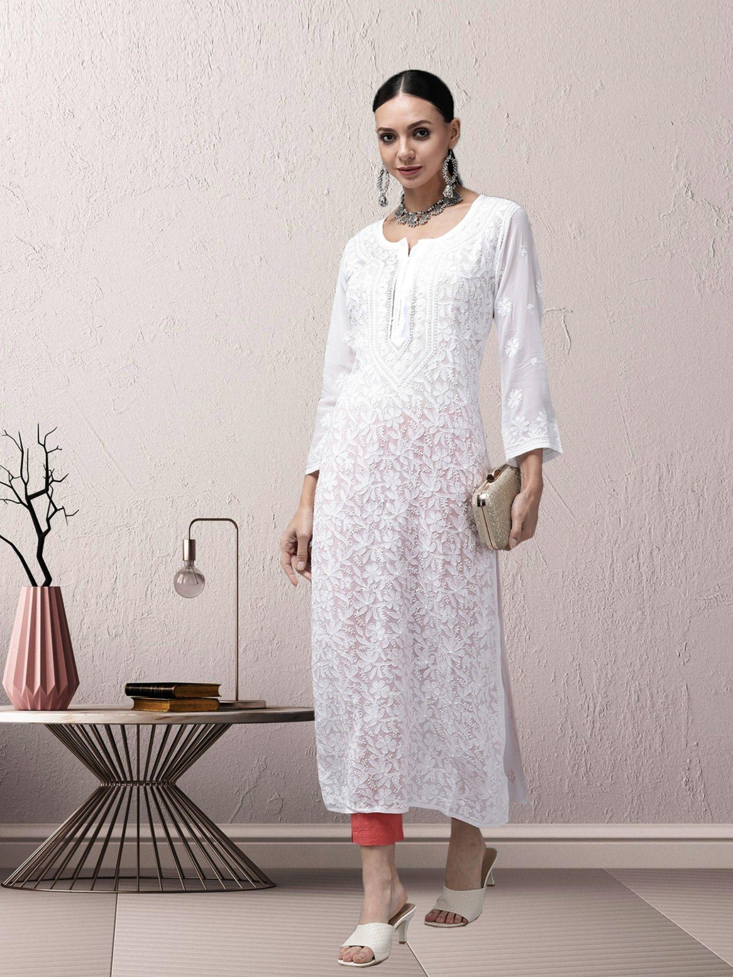 hand embroidered white viscose georgette lucknowi chikan kurta