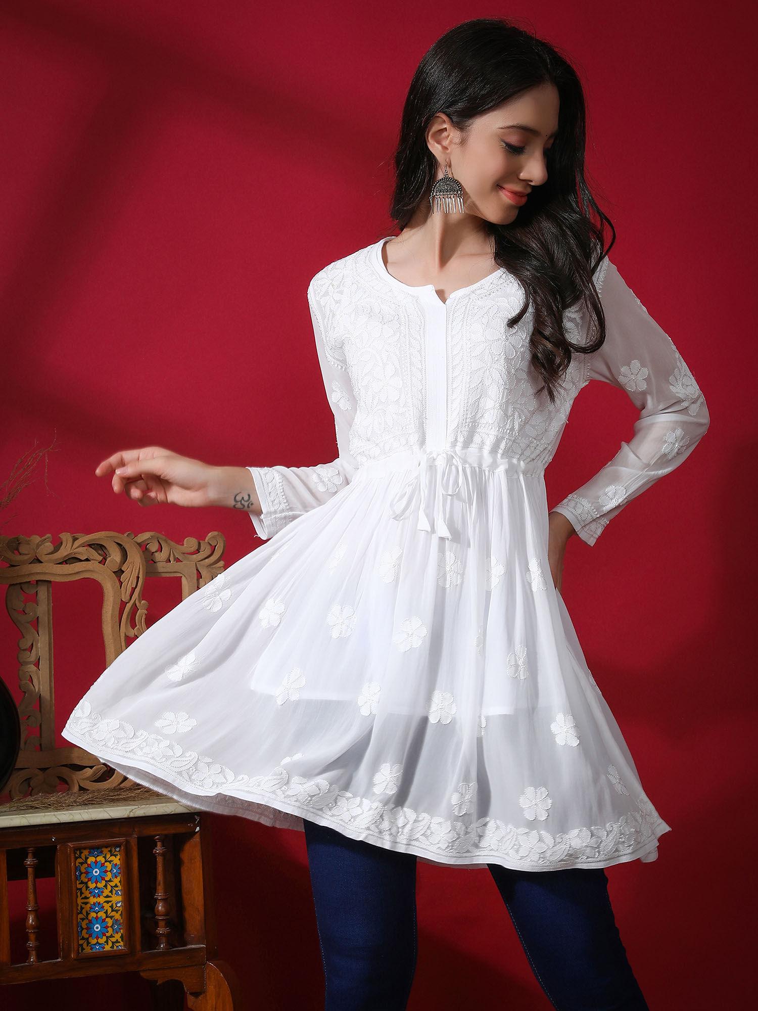 hand embroidered white viscose lucknowi chikankari kurti with inner (set of 2)