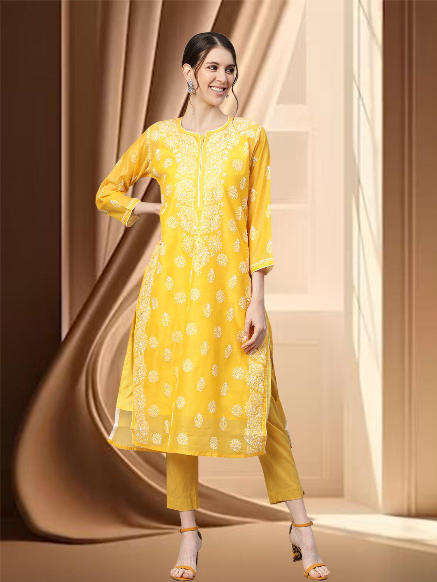 hand embroidered yellow chanderi lucknow chikankari kurta (xs) (a411175)