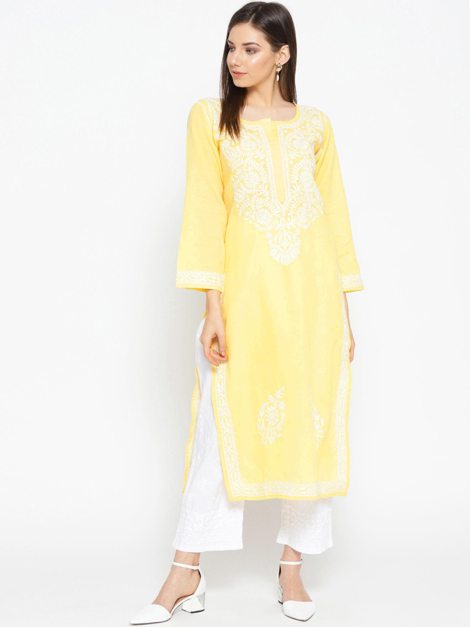 hand embroidered yellow cotton lucknow chikankari kurta and pant a100016 (set of 2)