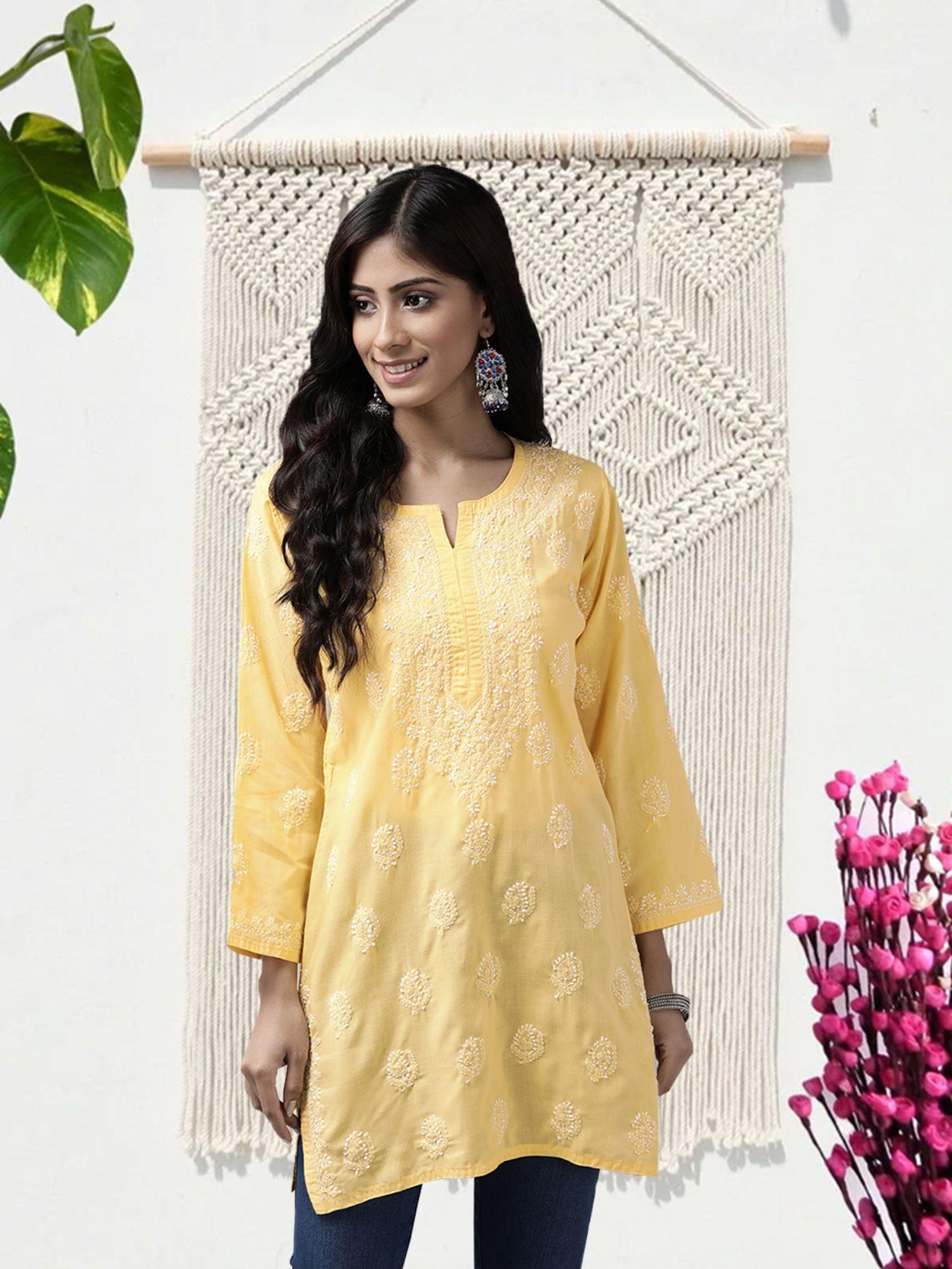 hand embroidered yellow cotton lucknow chikankari kurti [a911127]