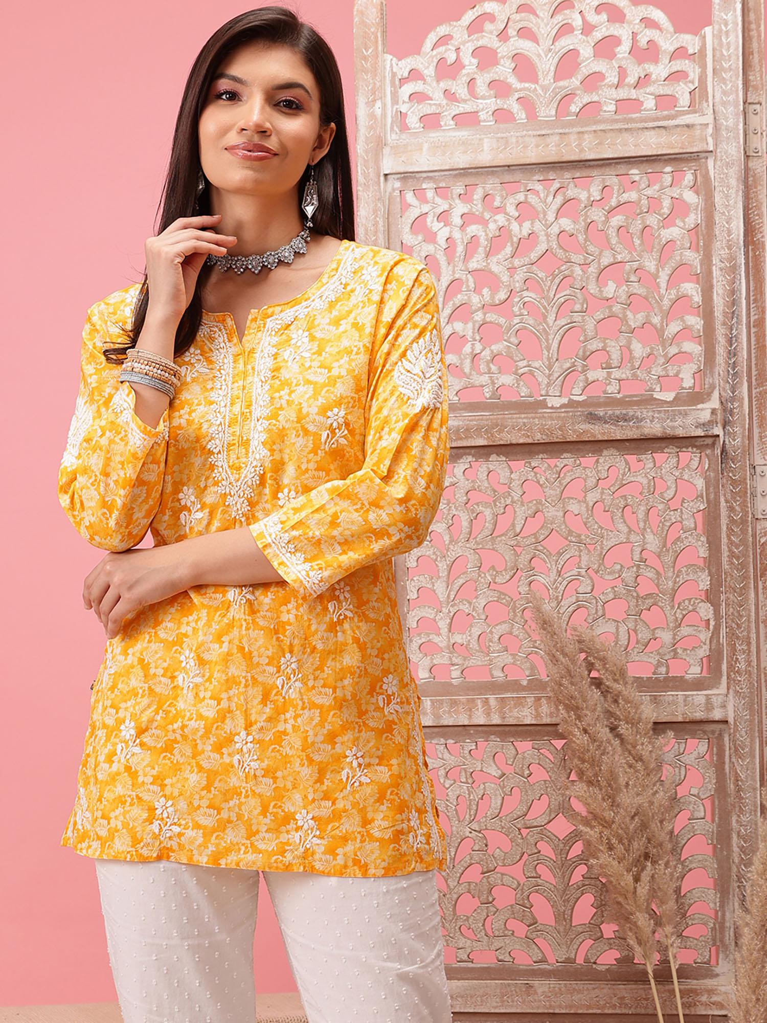 hand embroidered yellow cotton lucknow women chikankari kurti