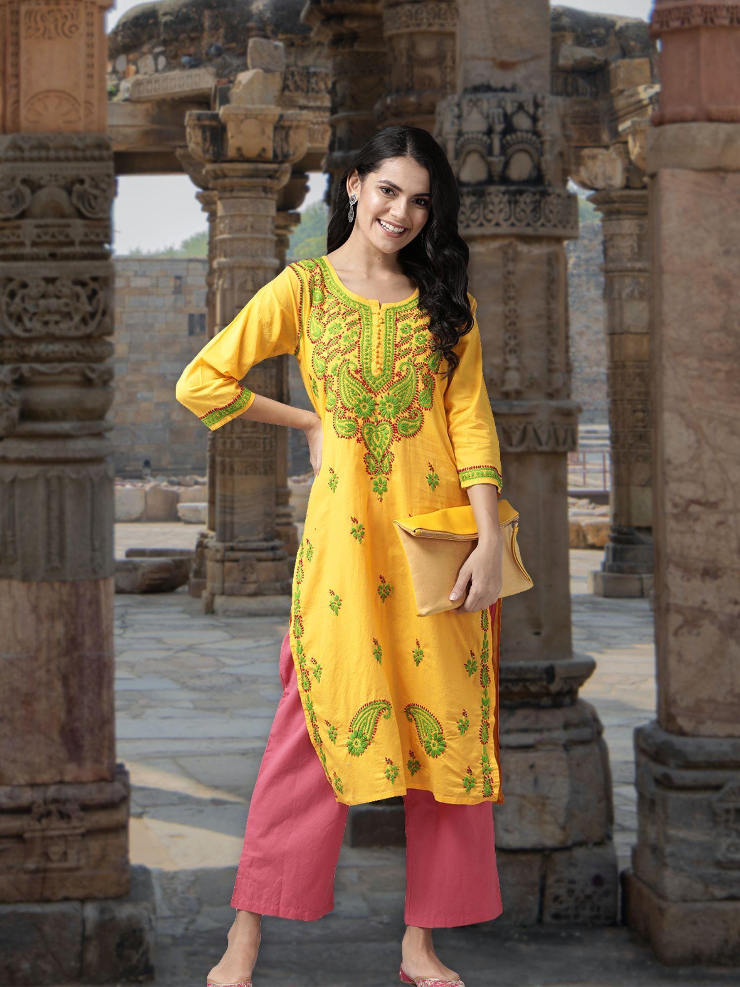 hand embroidered yellow cotton lucknowi chikankari kurta (xs) (a223631)