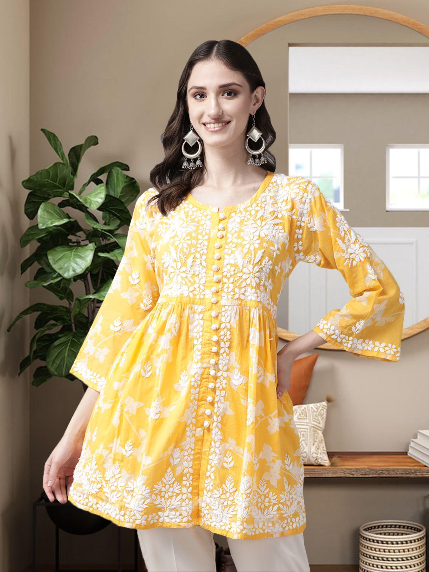 hand embroidered yellow cotton lucknowi chikankari kurti