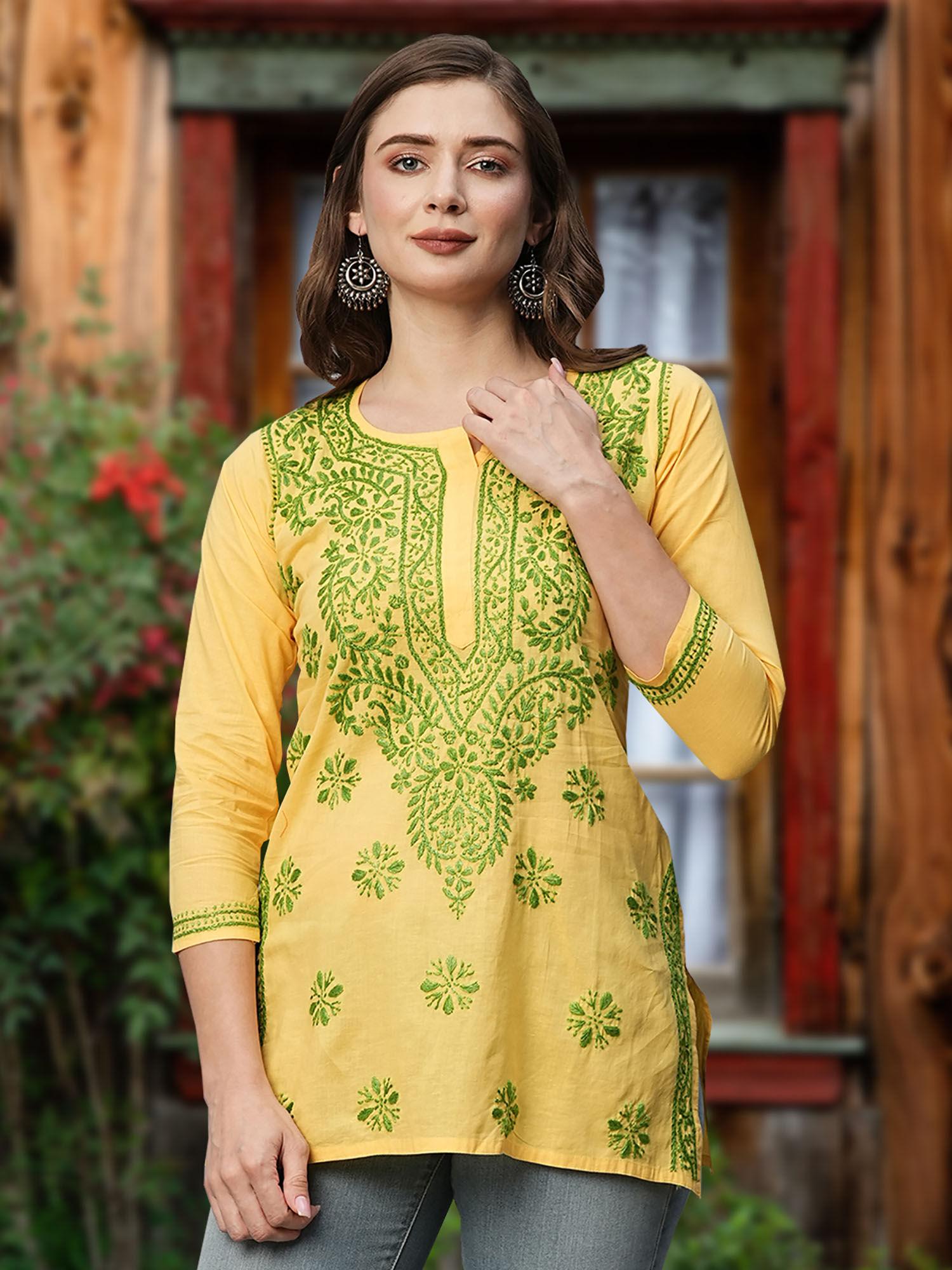 hand embroidered yellow cotton lucknowi chikankari kurti