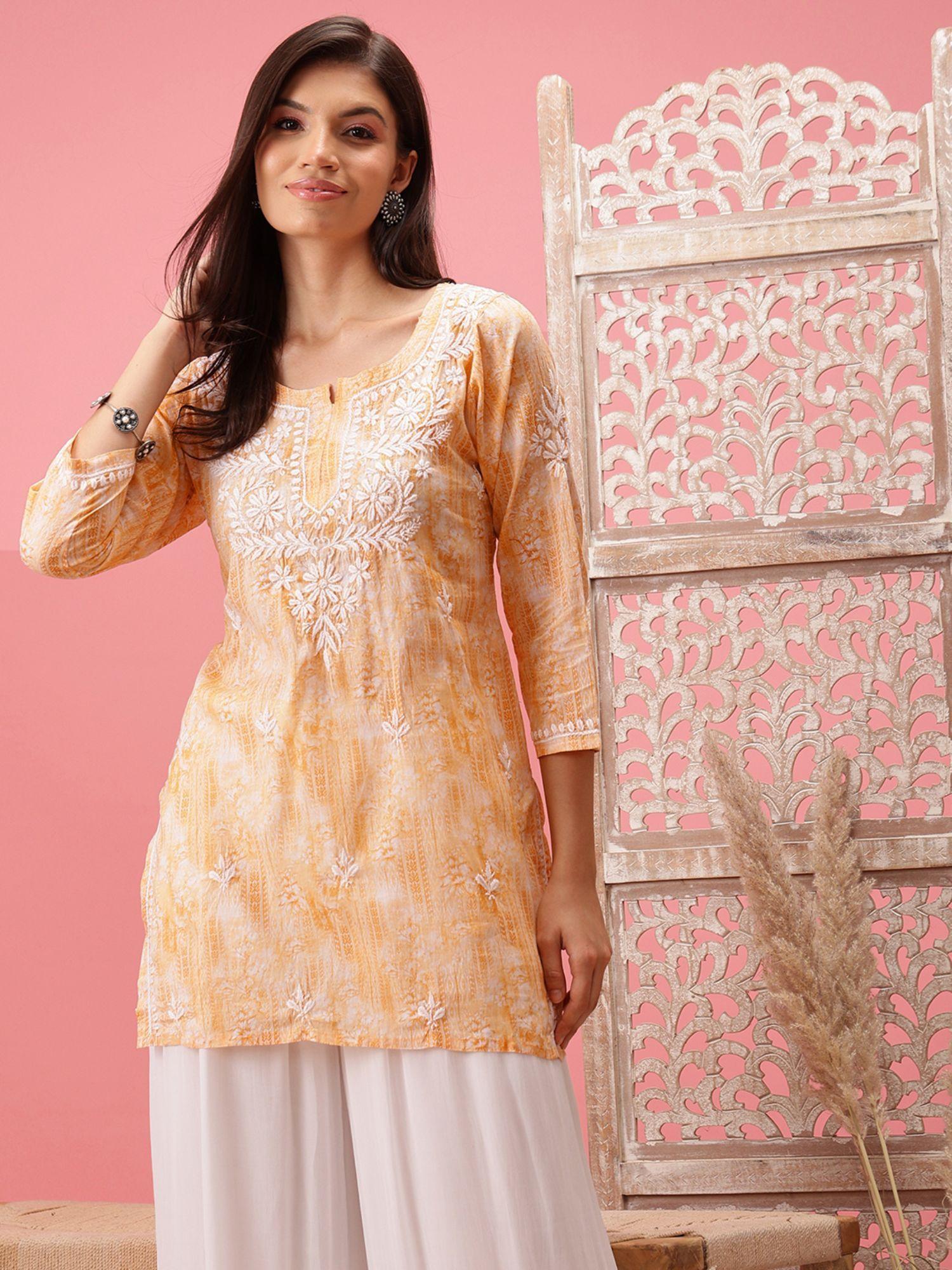 hand embroidered yellow cotton lucknowi chikankari short kurti