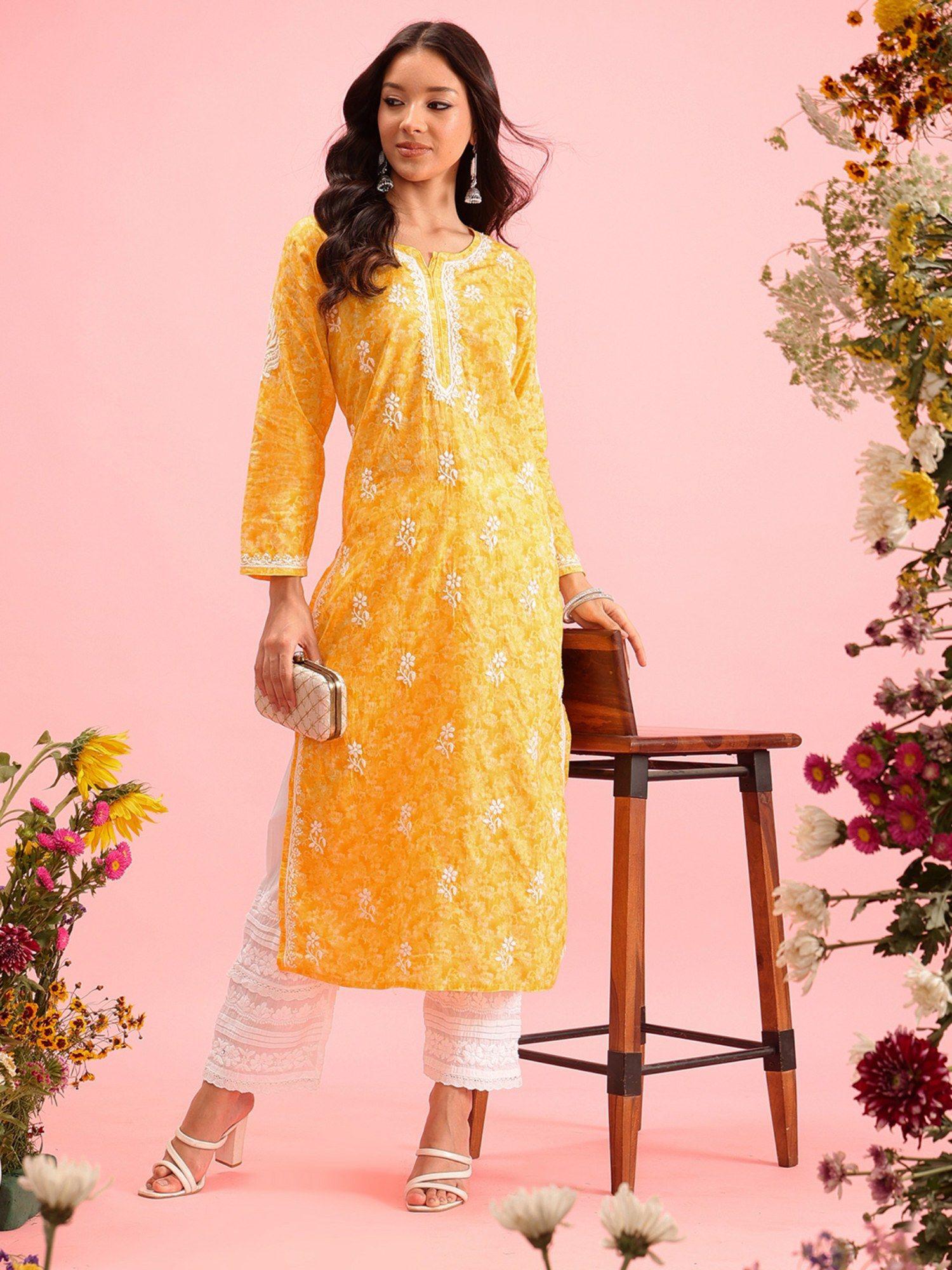 hand embroidered yellow cotton traditional lucknow women chikankari kurta a411379