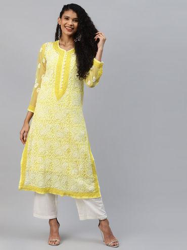 hand embroidered yellow georgette lucknowi chikan kurta with slip (set of 2) (xs) (a223986)