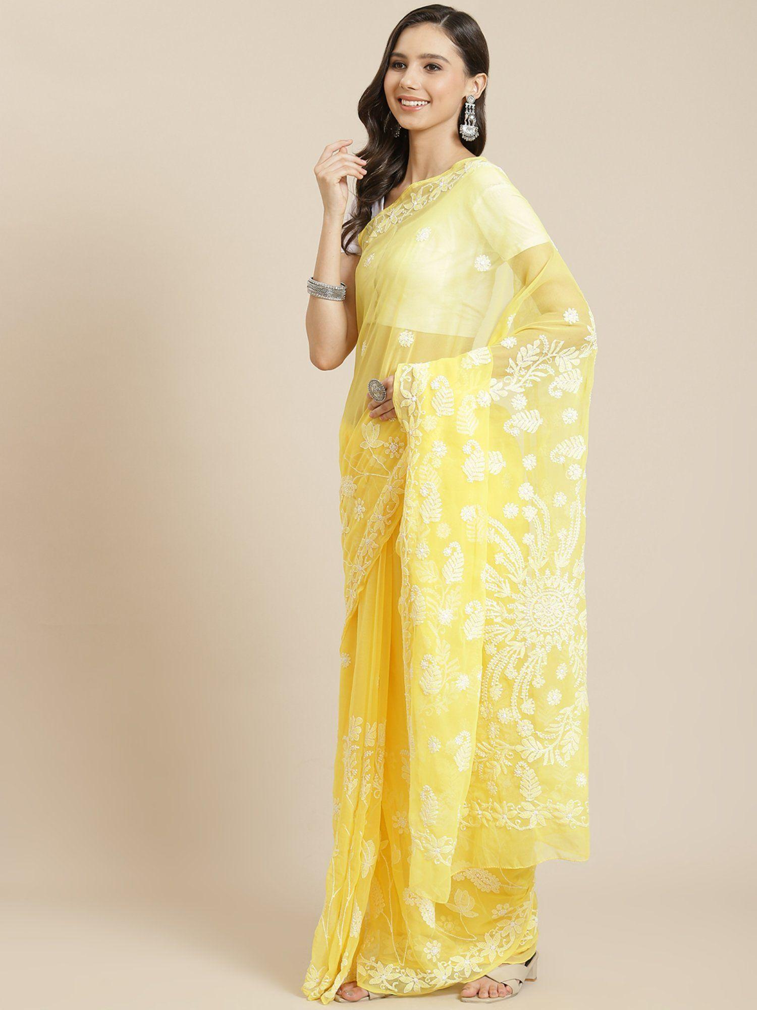 hand embroidered yellow georgette lucknowi chikankari saree with unstitched blouse [a204902]