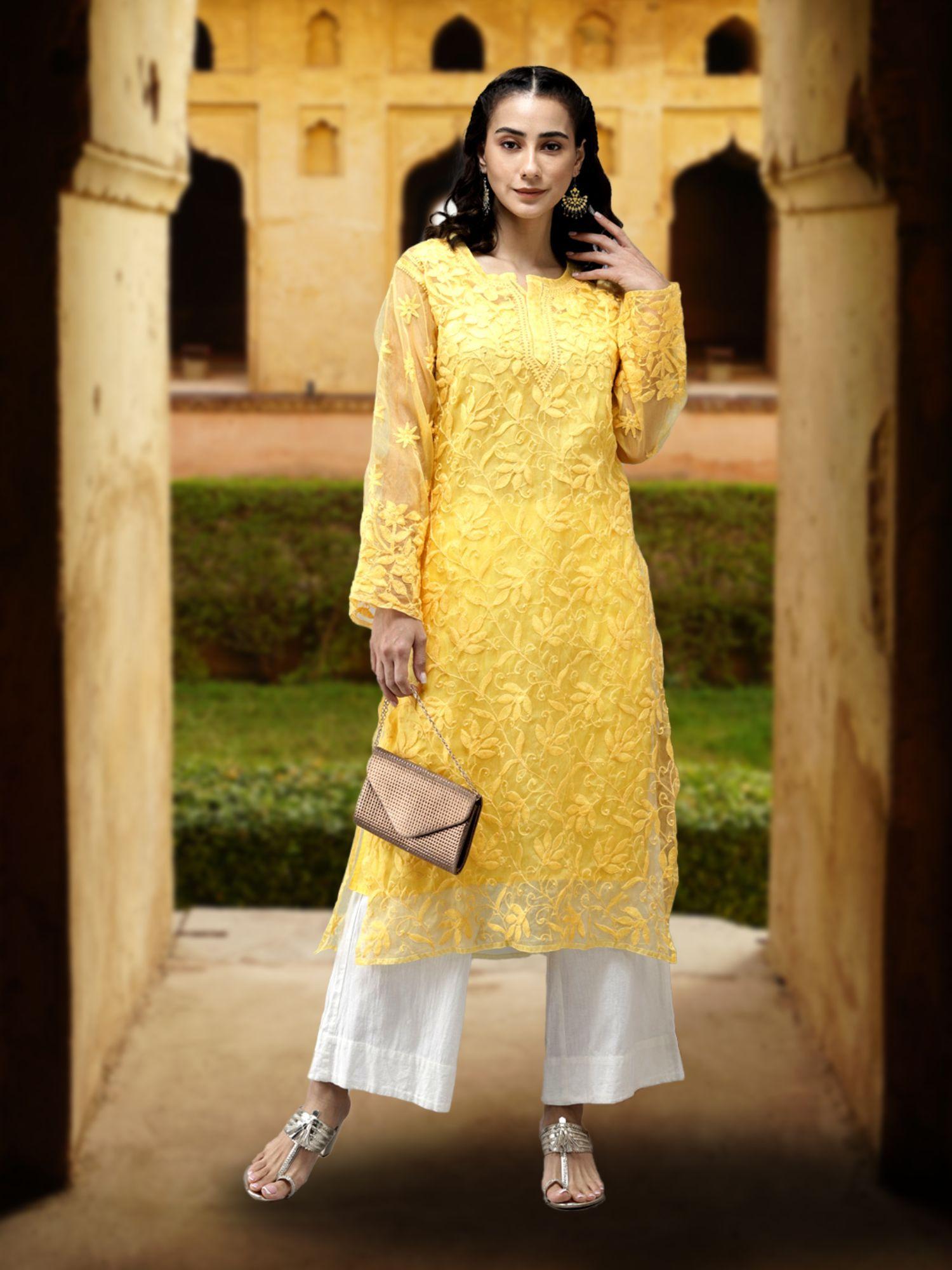 hand embroidered yellow organza lucknowi chikankari kurta with slip (set of 2) (xs) (a411239)