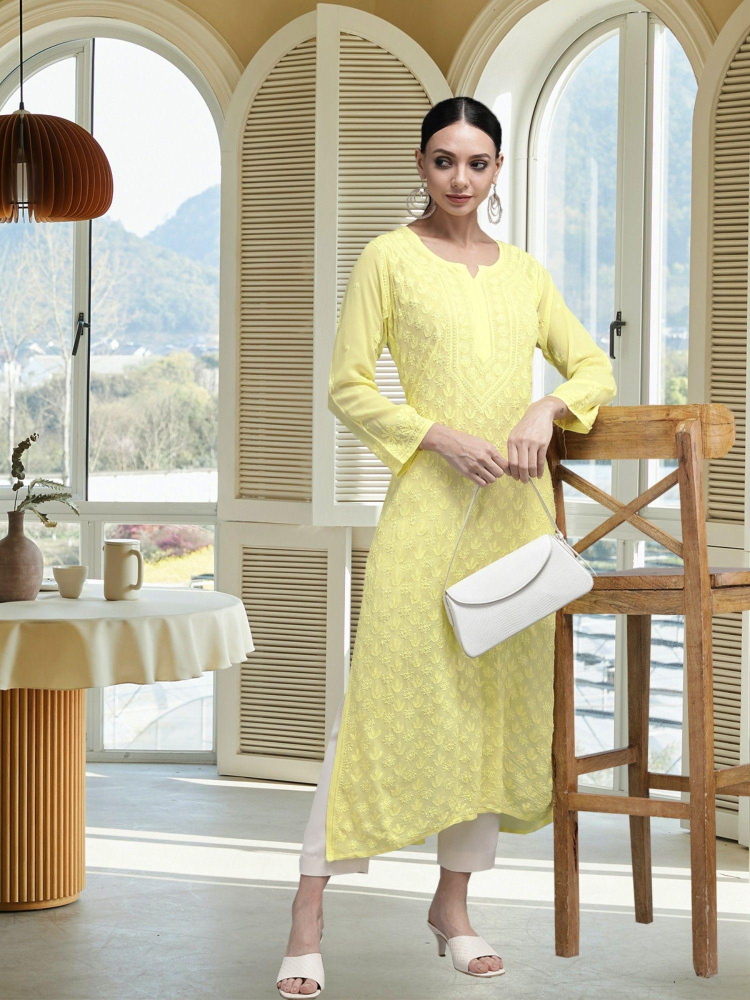 hand embroidered yellow viscose georgette lucknowi chikan kurta