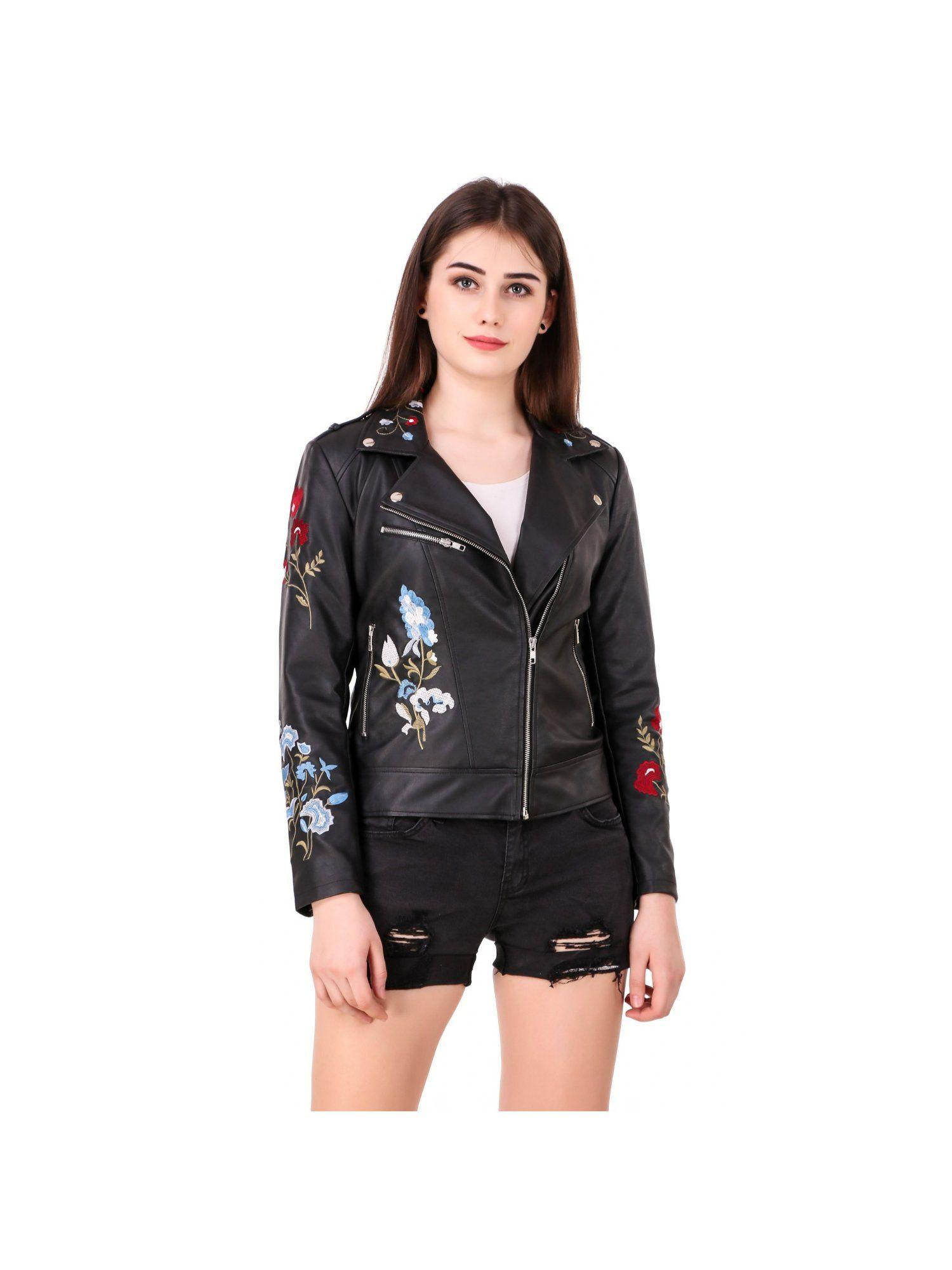 hand embroidery black colour faux leather jacket for woman