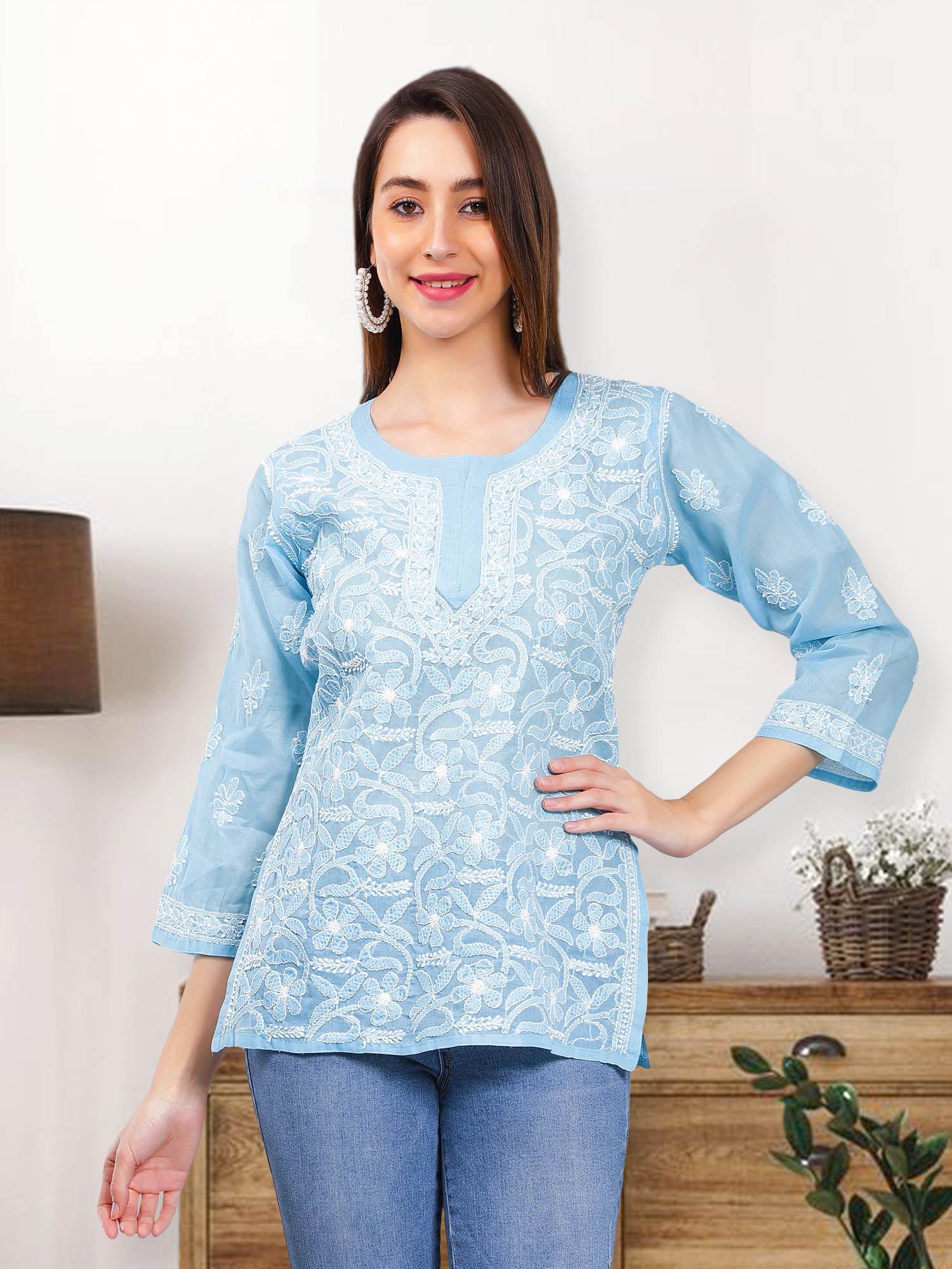 hand embroidery blue cotton lucknowi chikankari kurti