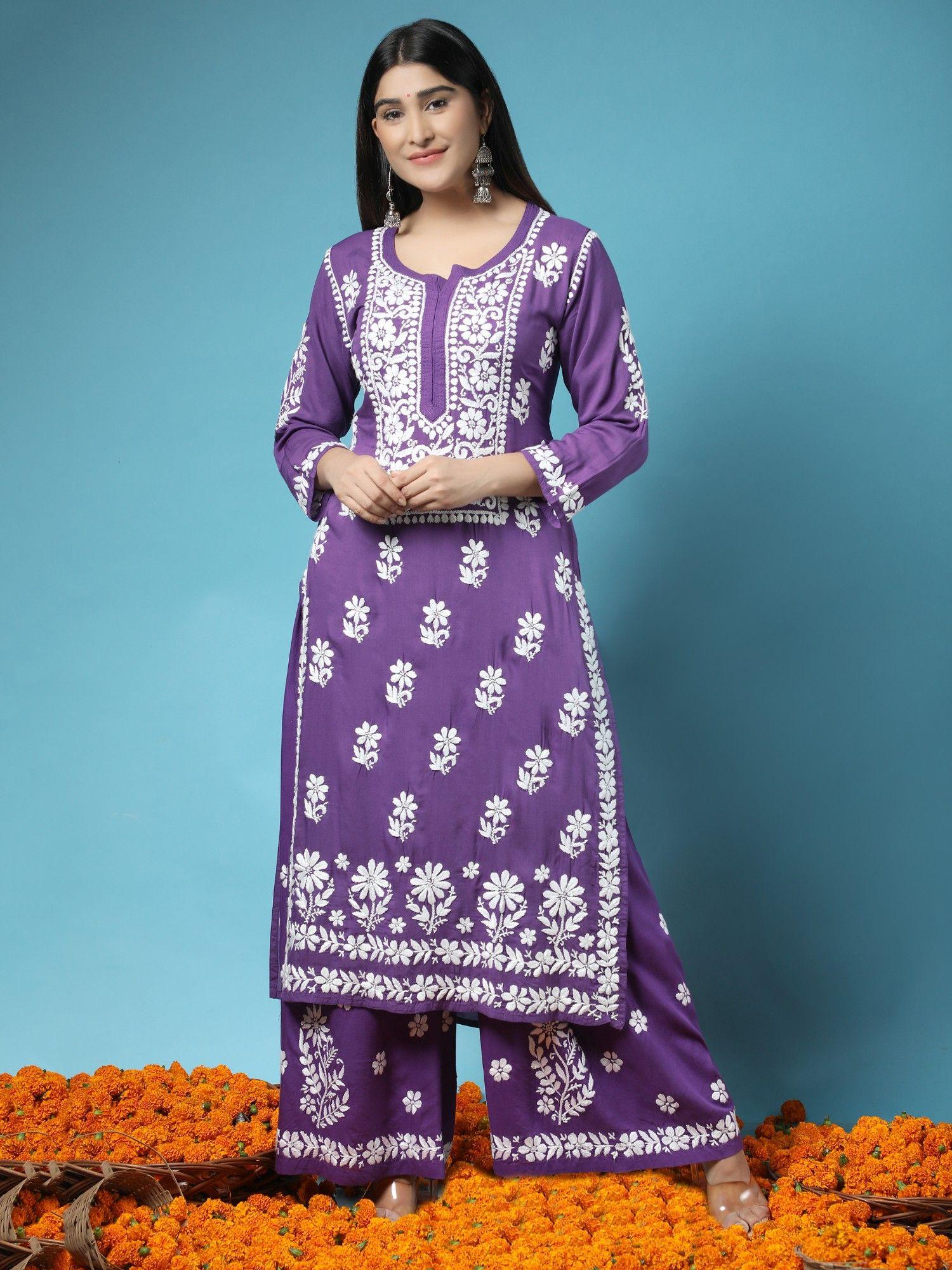 hand embroidery chikankari co-ord for women in purple (set of 2)