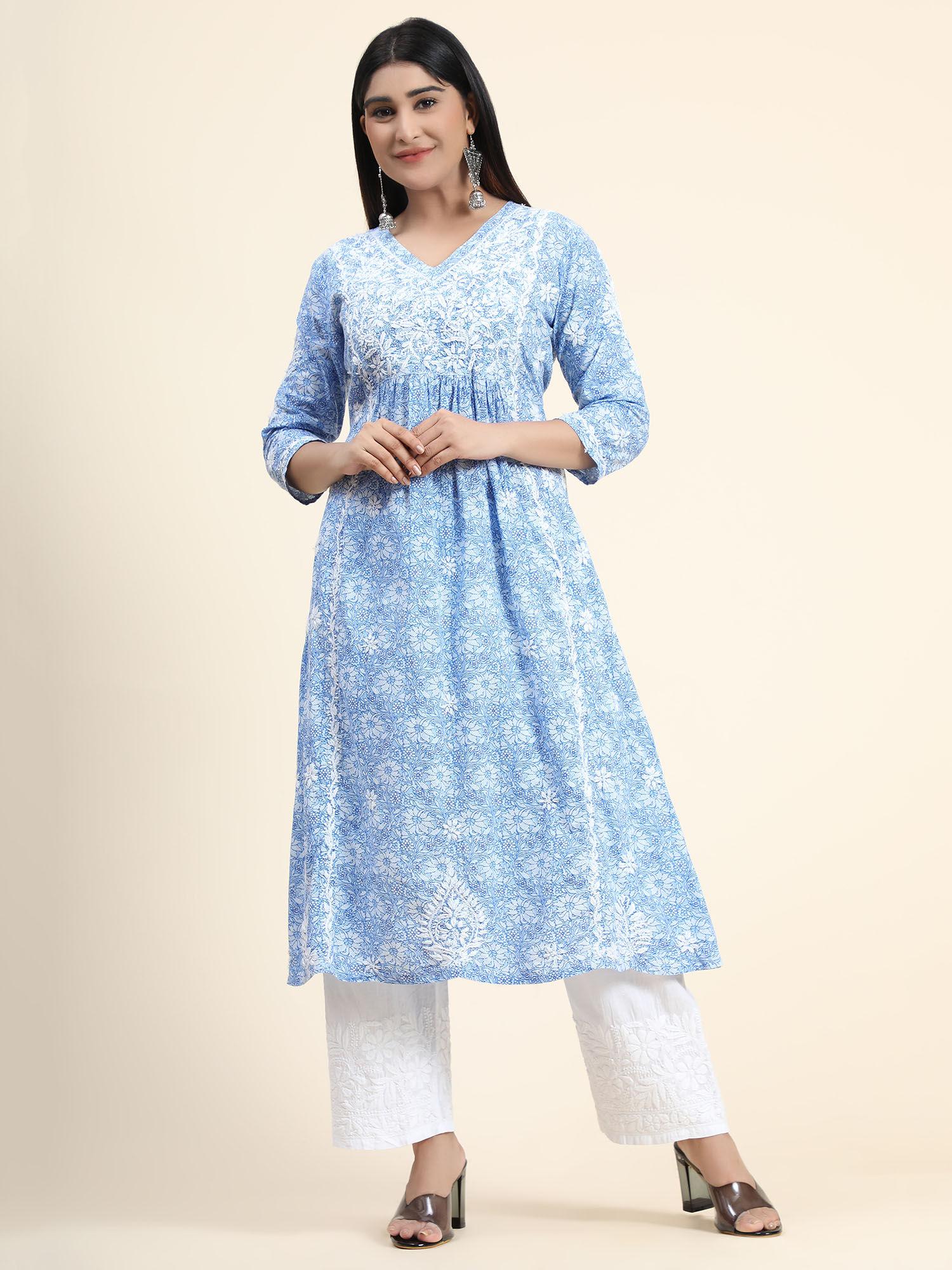hand embroidery chikankari long kurta for women -sky blue