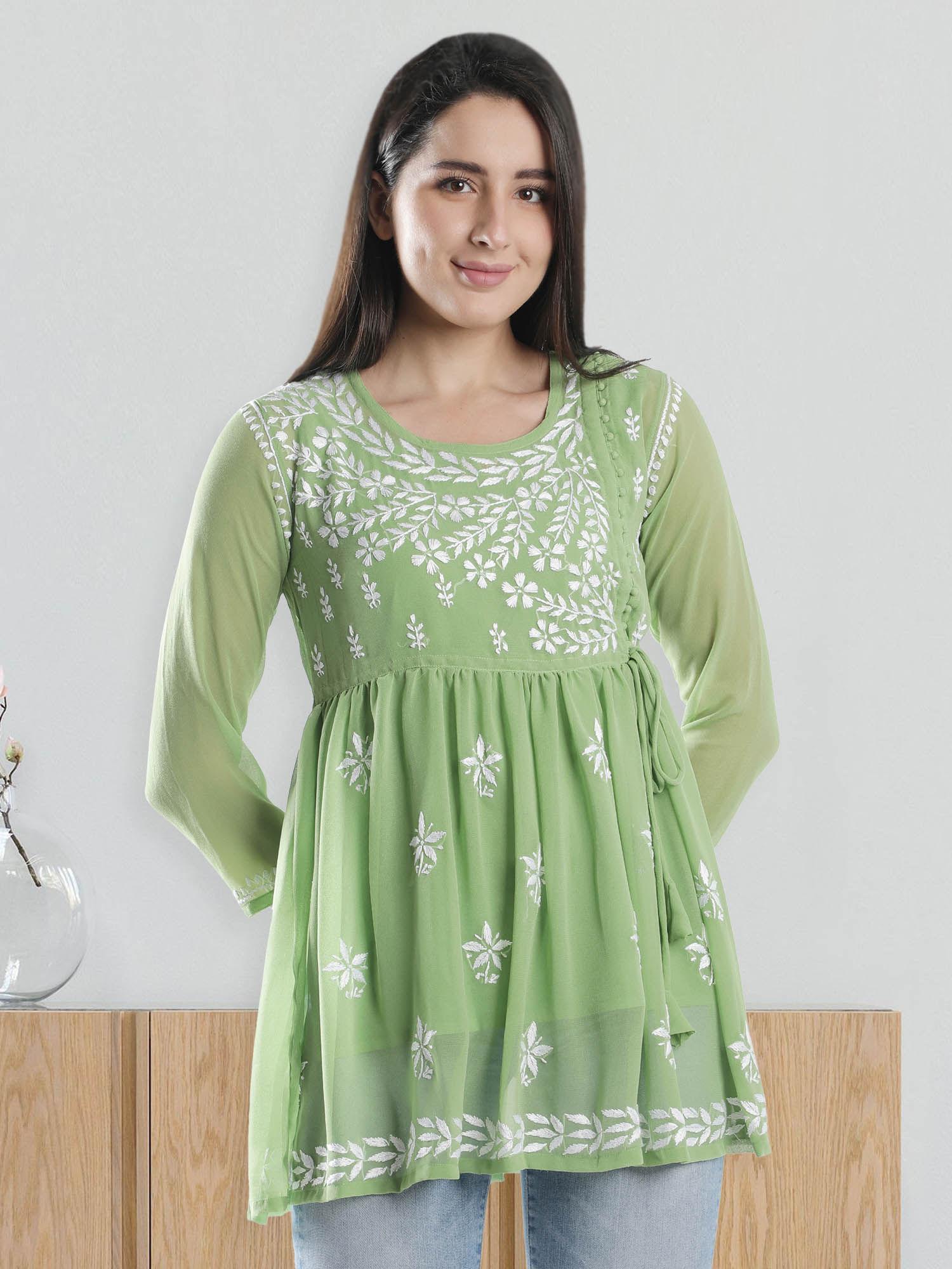 hand embroidery green cotton lucknowi chikankari kurti with slip (set of 2)