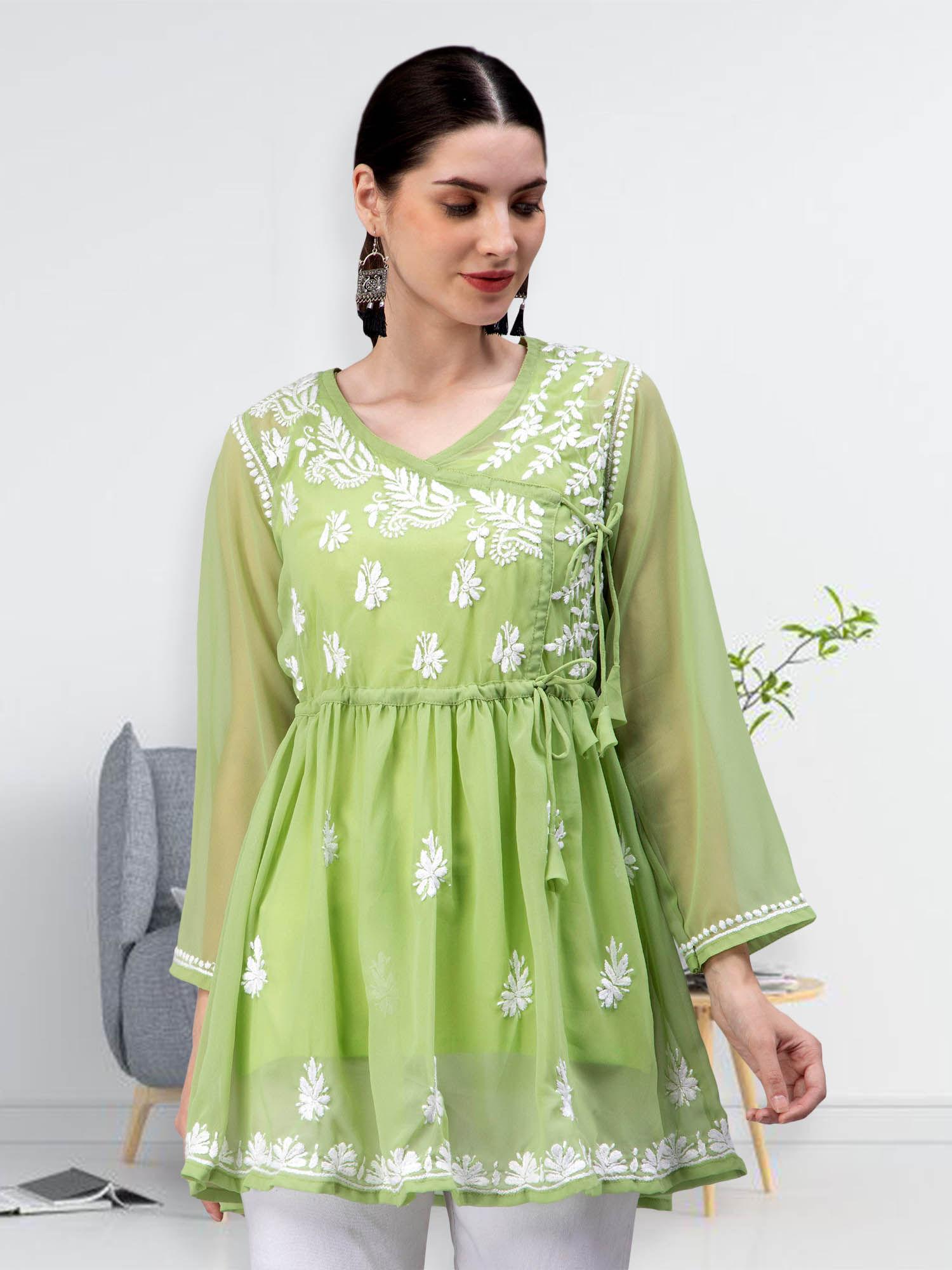 hand embroidery green cotton lucknowi chikankari kurti with slip (set of 2)
