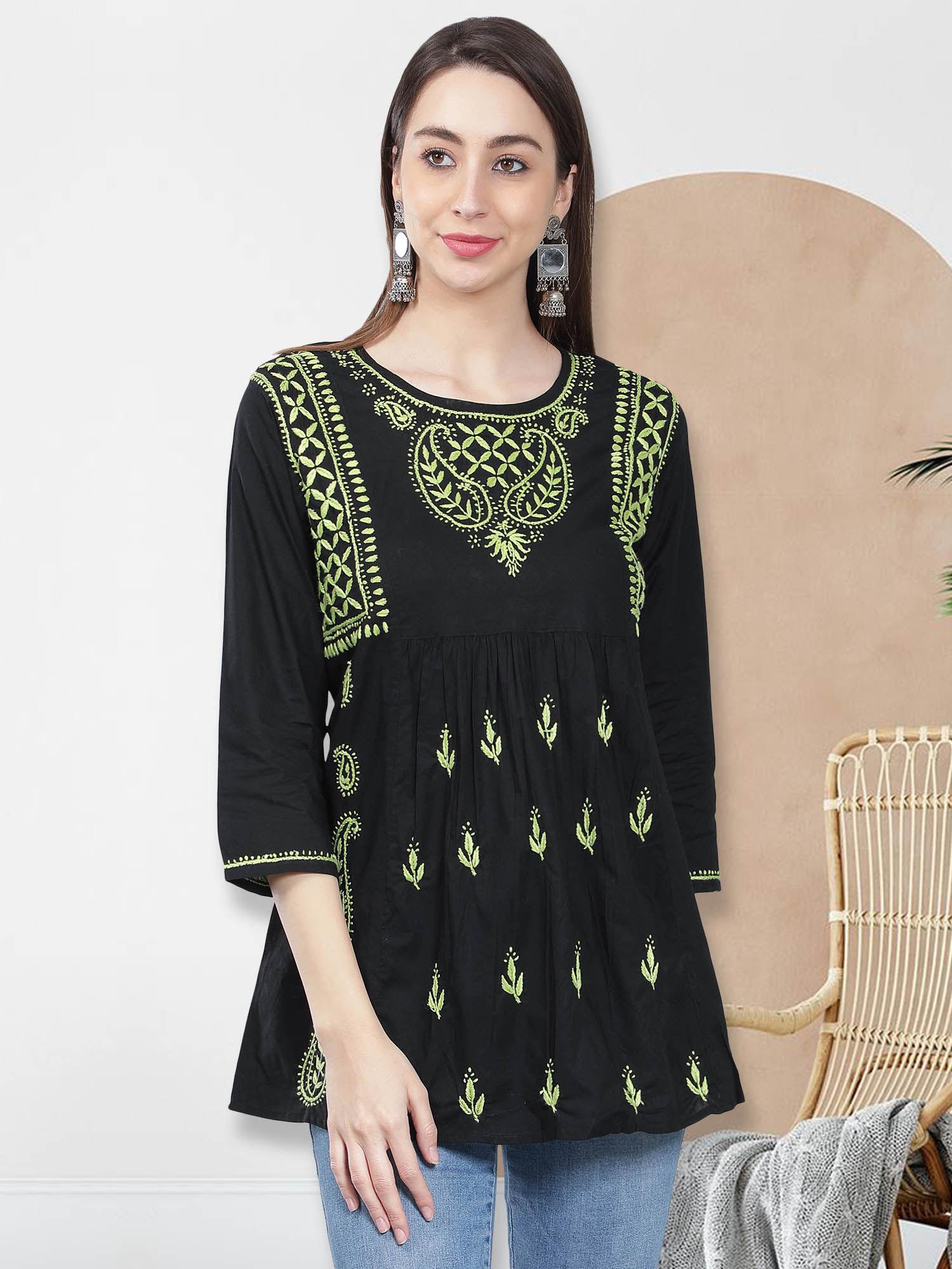hand embroidery green cotton lucknowi chikankari kurti