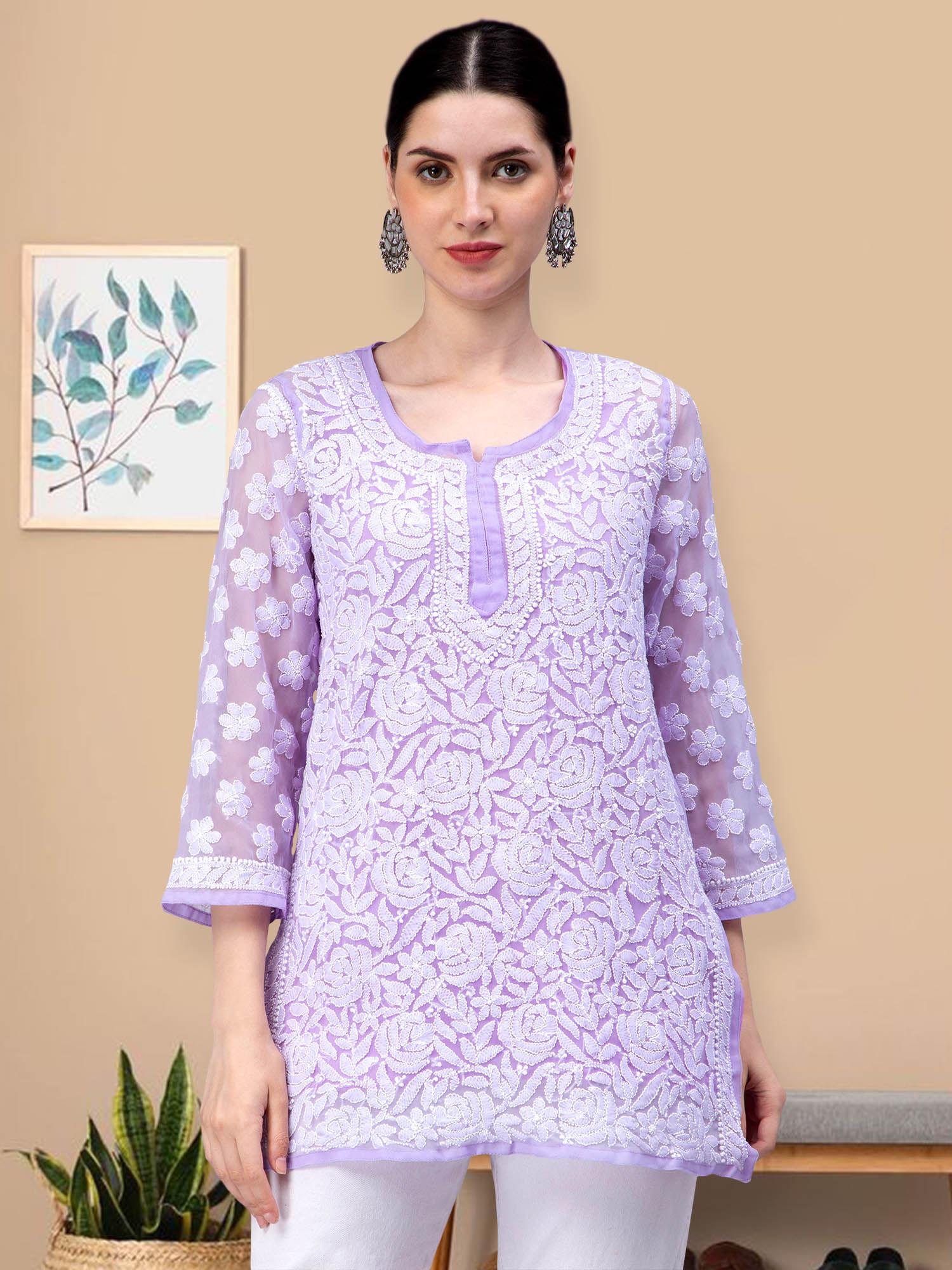 hand embroidery lavender cotton lucknowi chikankari kurti with slip (set of 2)