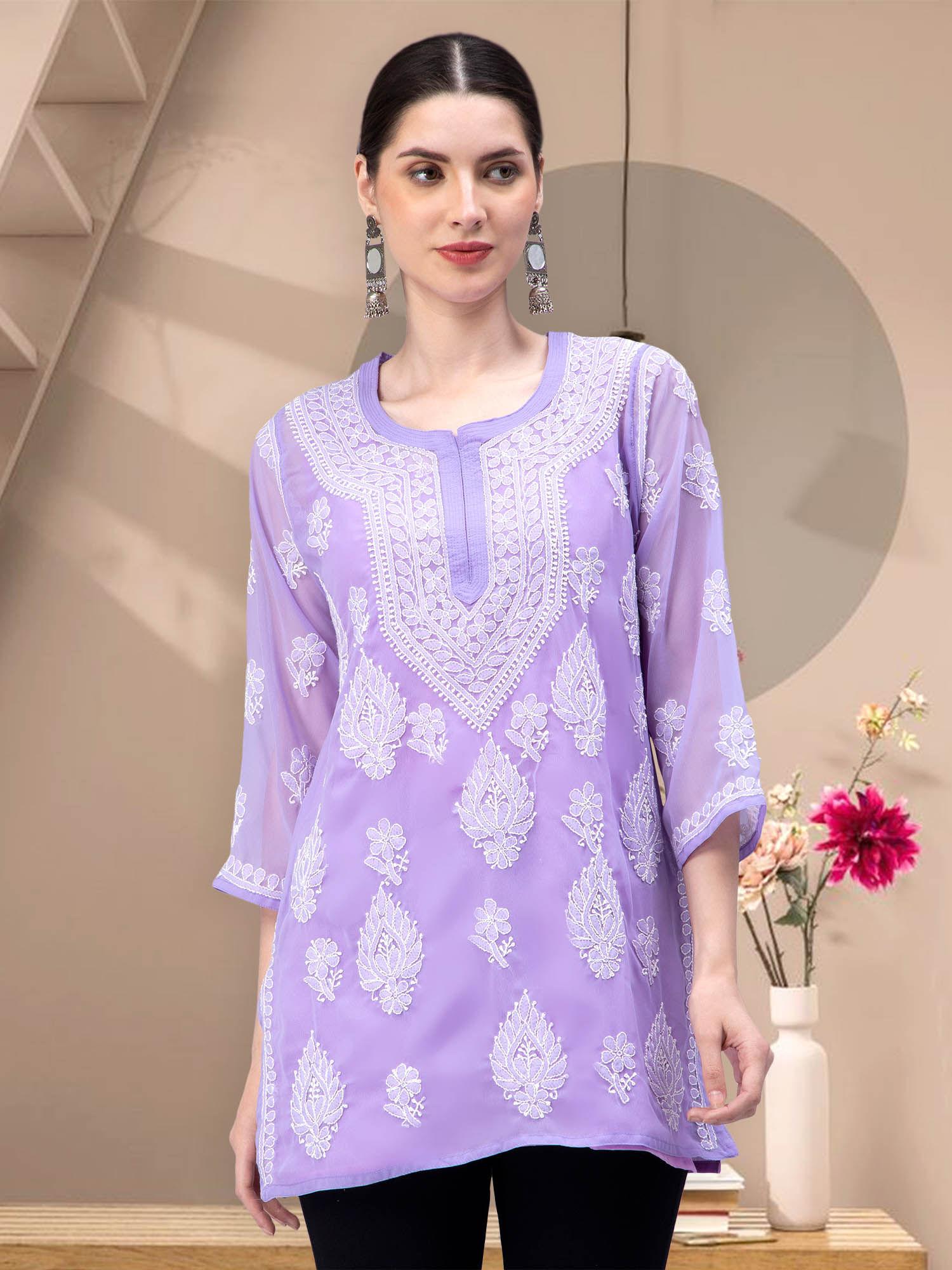 hand embroidery lavender cotton lucknowi chikankari kurti with slip (set of 2)