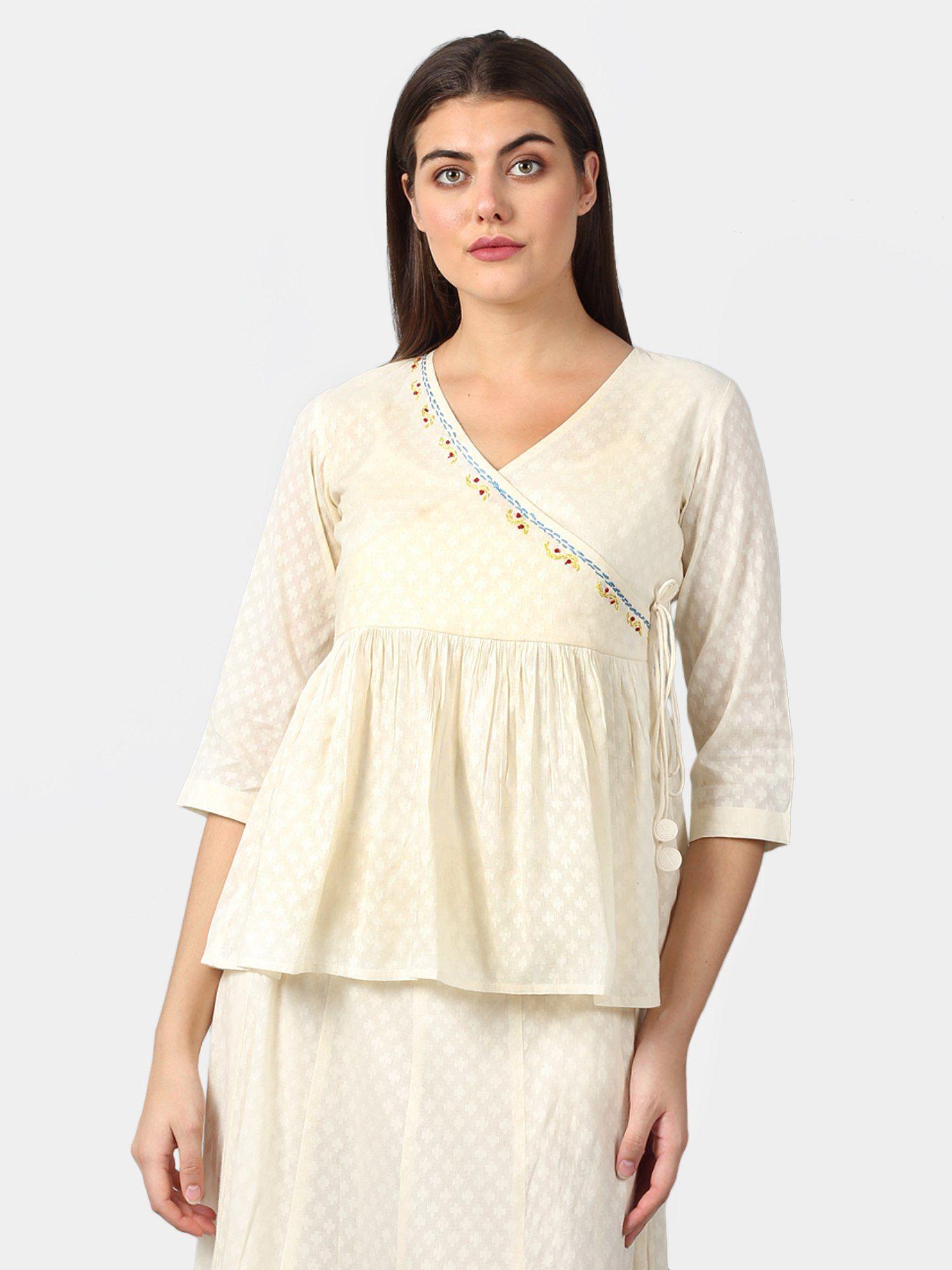 hand embroidery on cotton jacquard top-white