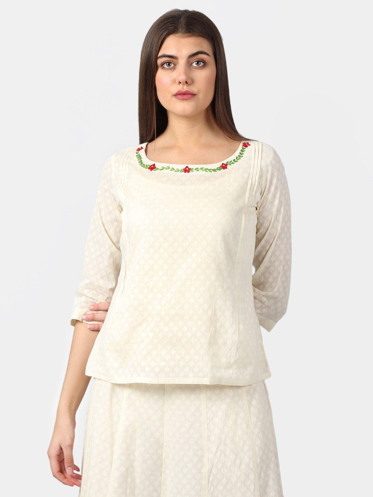 hand embroidery on cotton jacquard top-white