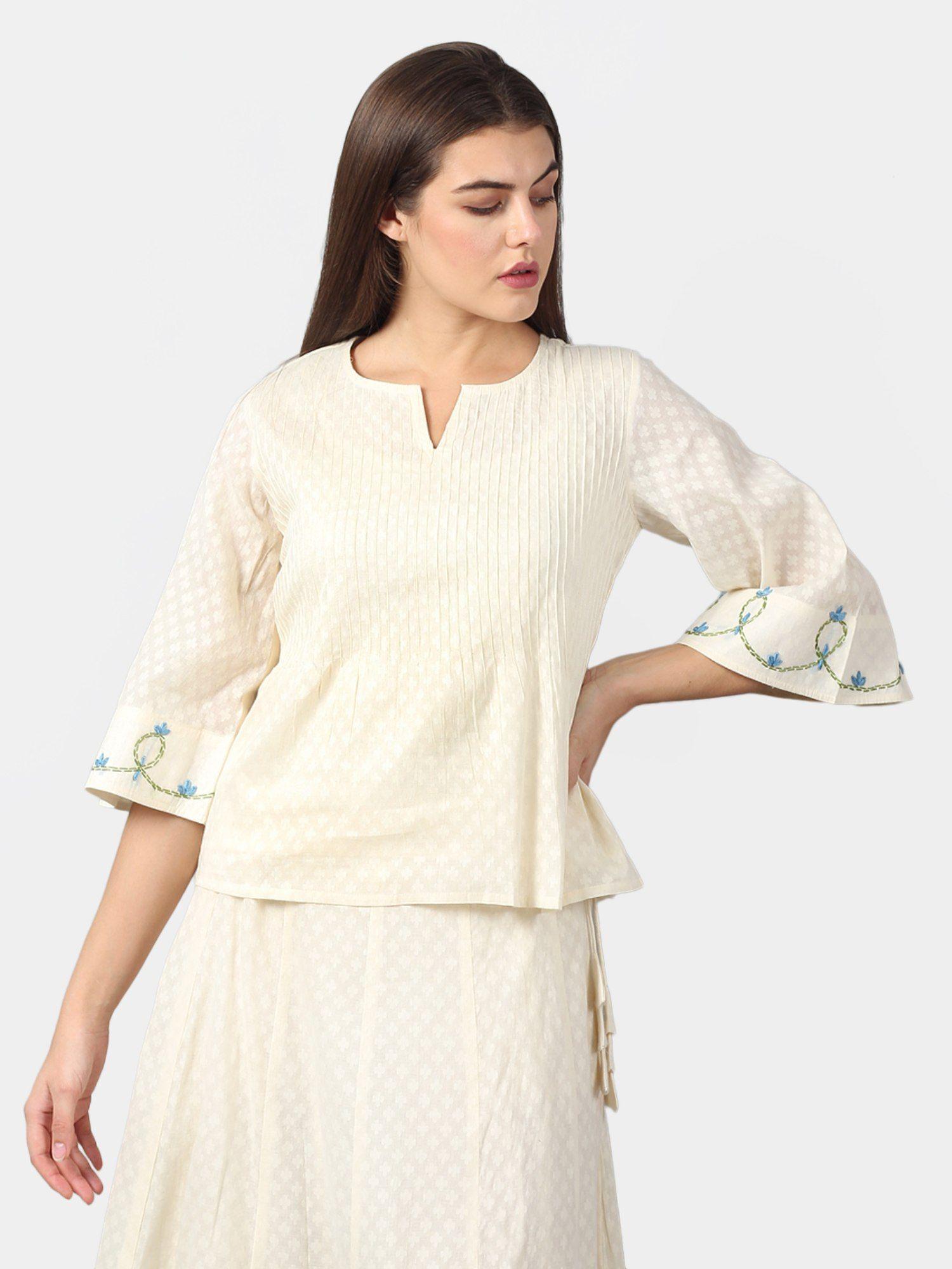 hand embroidery on cotton jacquard top-white