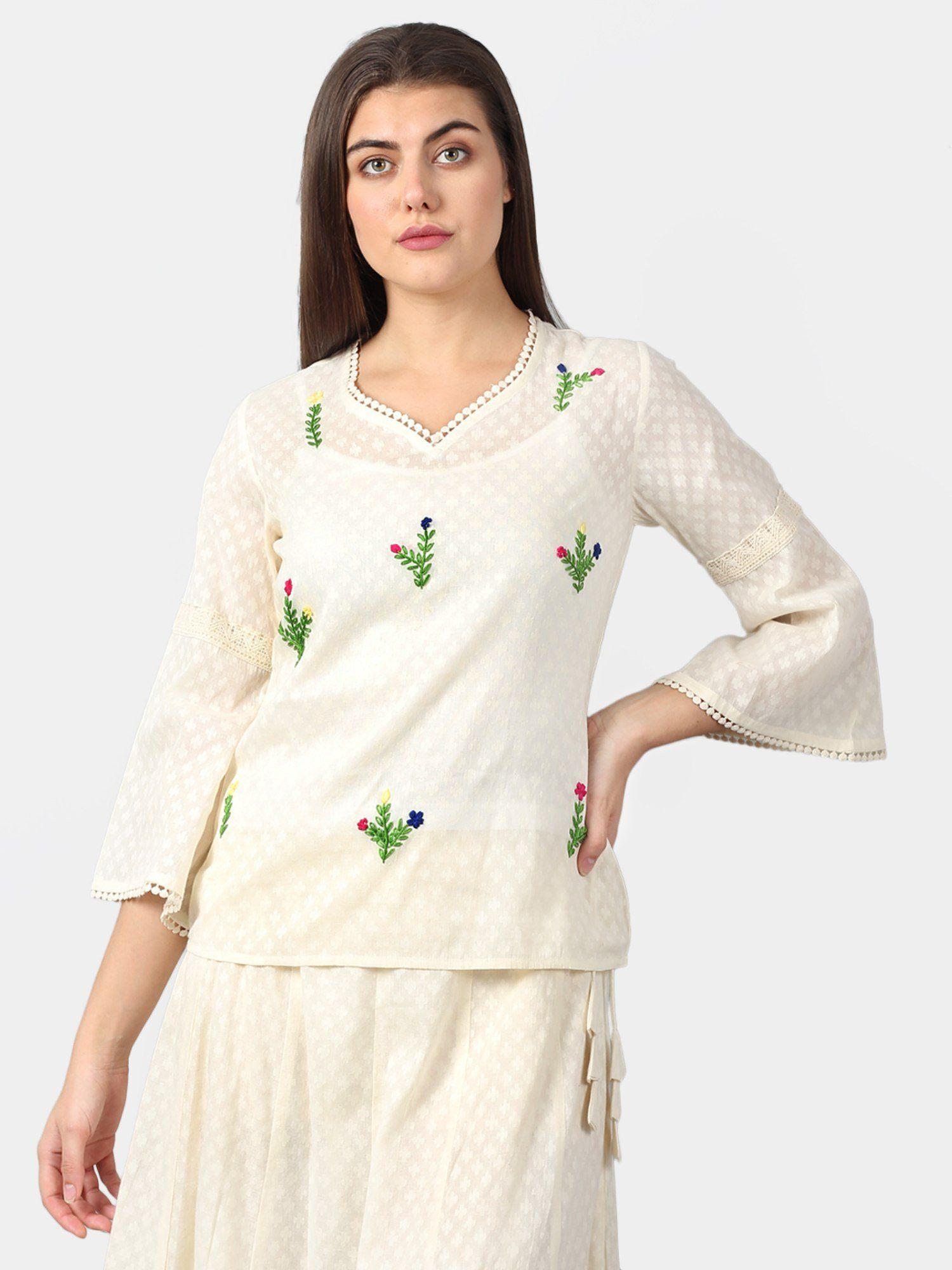 hand embroidery on cotton jacquard top-white