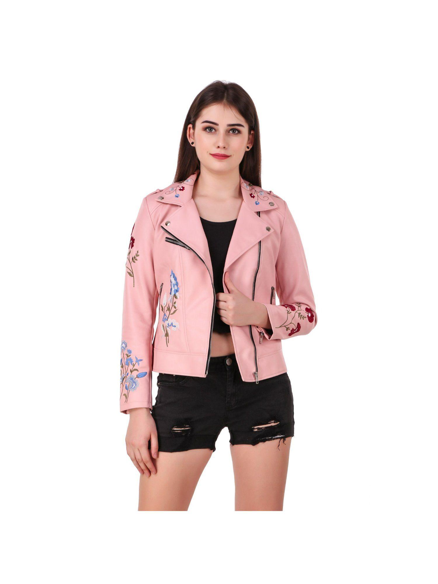 hand embroidery pink colour faux leather jacket for woman