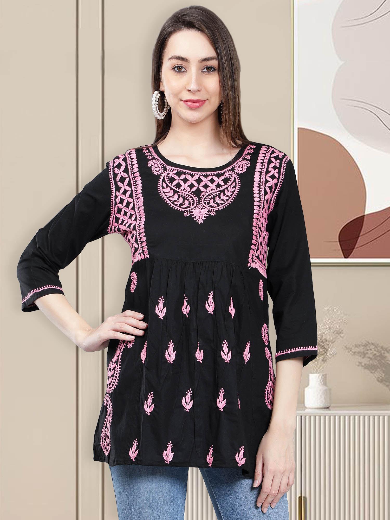 hand embroidery pink cotton lucknowi chikankari kurti