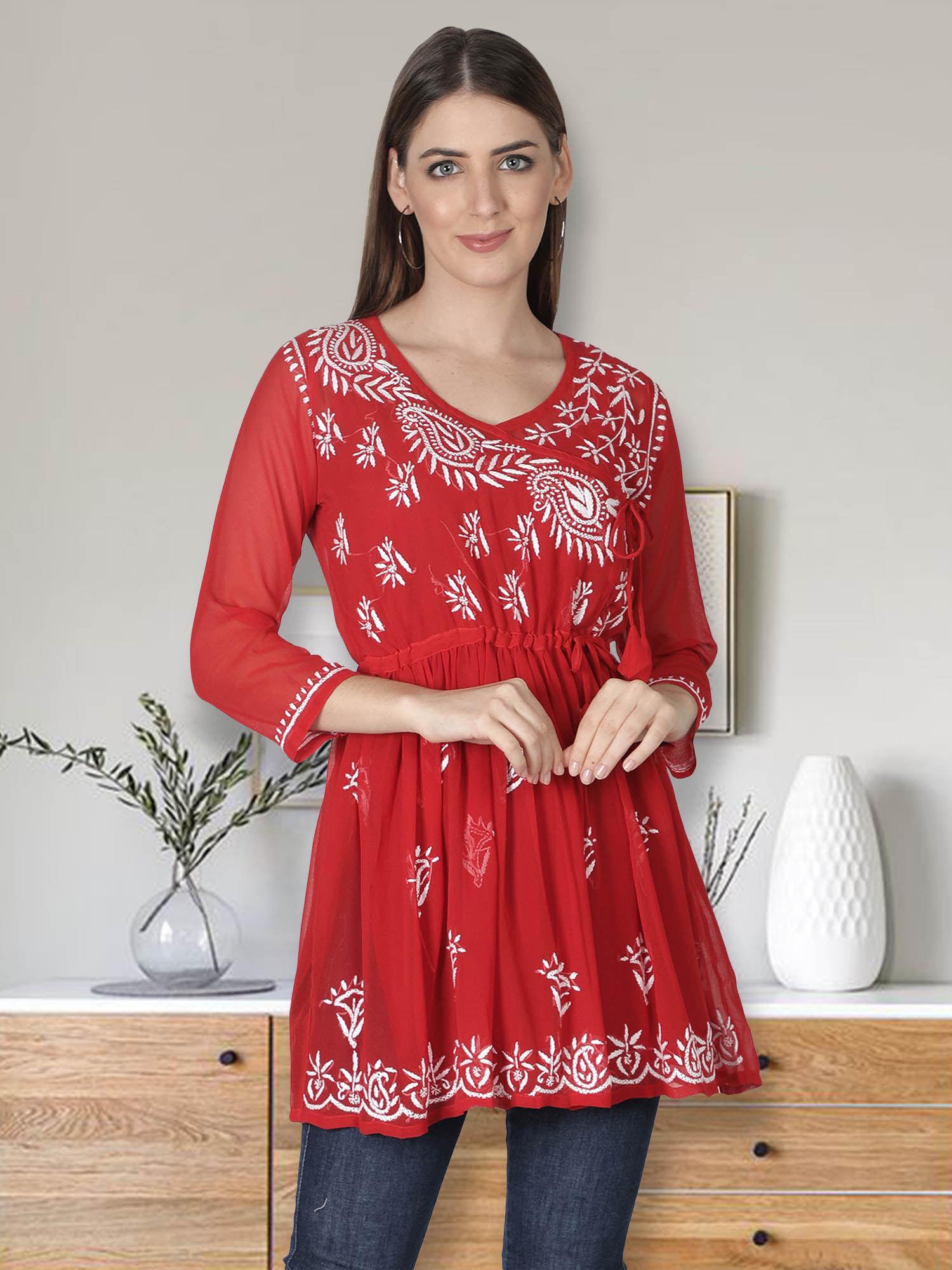 hand embroidery red cotton lucknowi chikankari kurti with slip (set of 2)