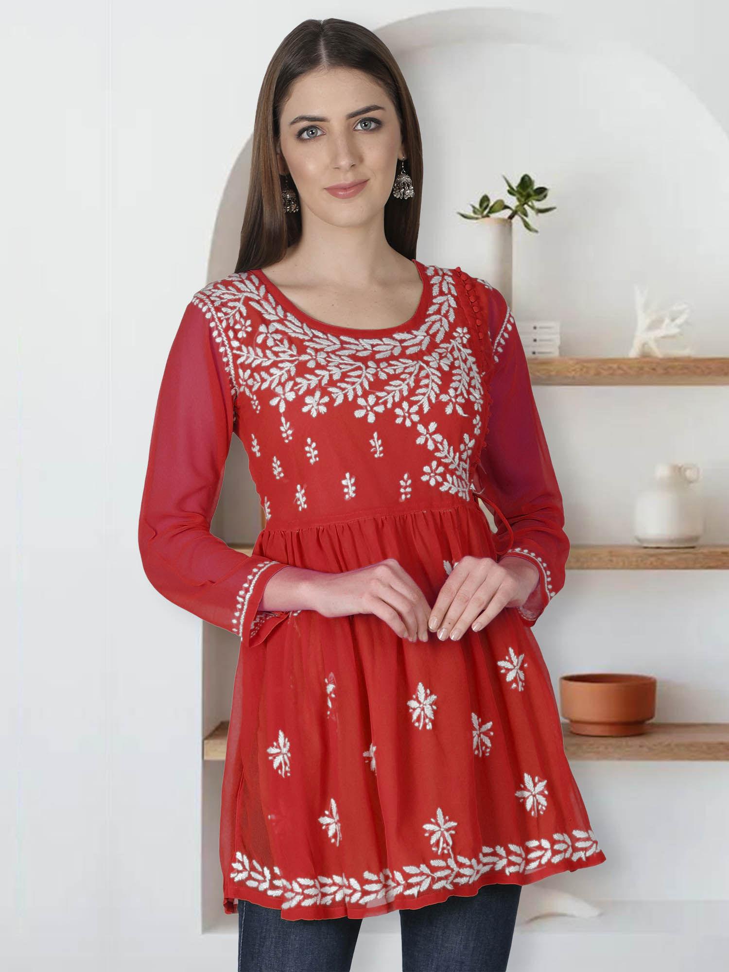 hand embroidery red cotton lucknowi chikankari kurti with slip (set of 2)