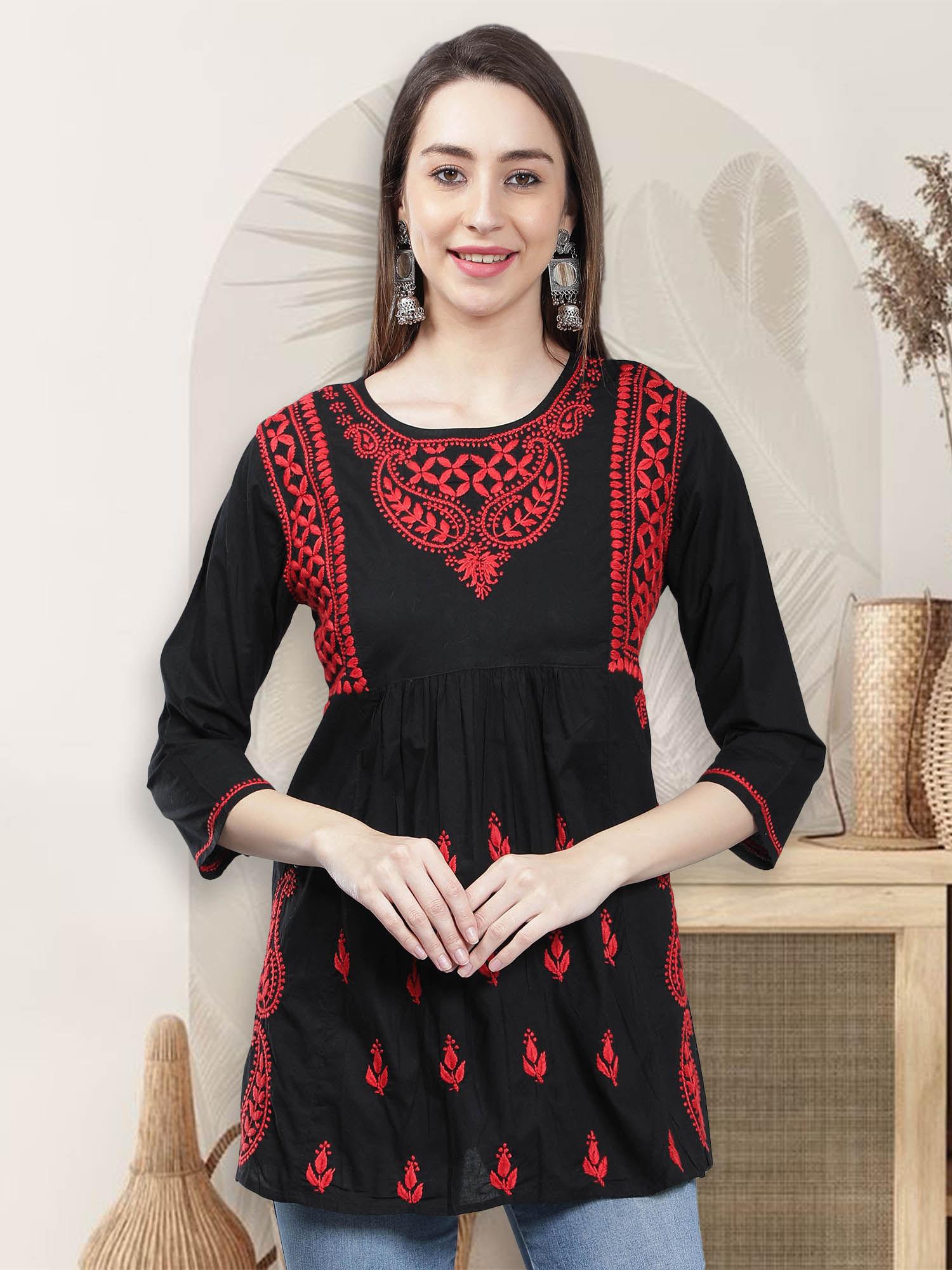 hand embroidery red cotton lucknowi chikankari kurti