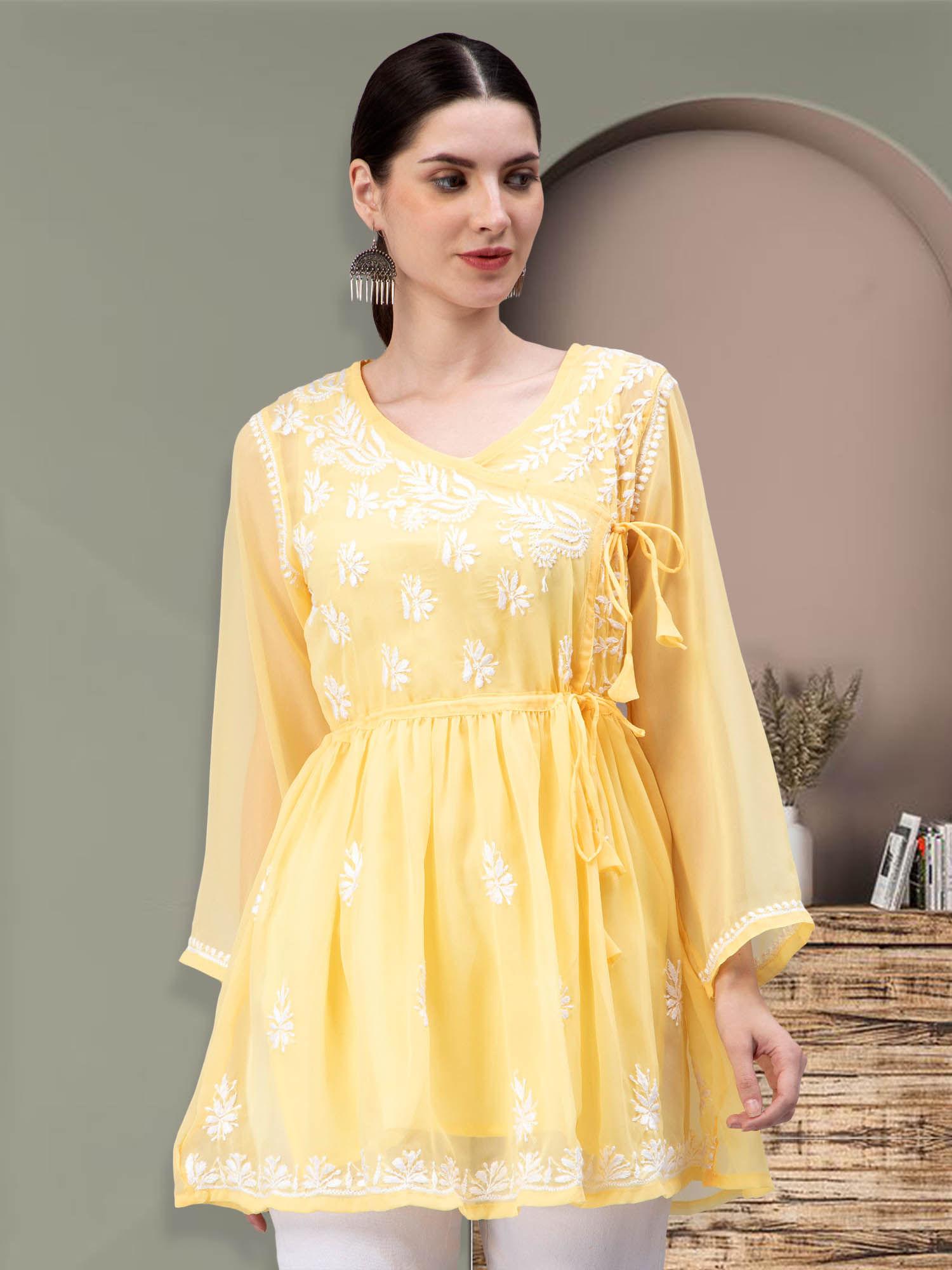 hand embroidery yellow cotton lucknowi chikankari kurti with slip (set of 2)