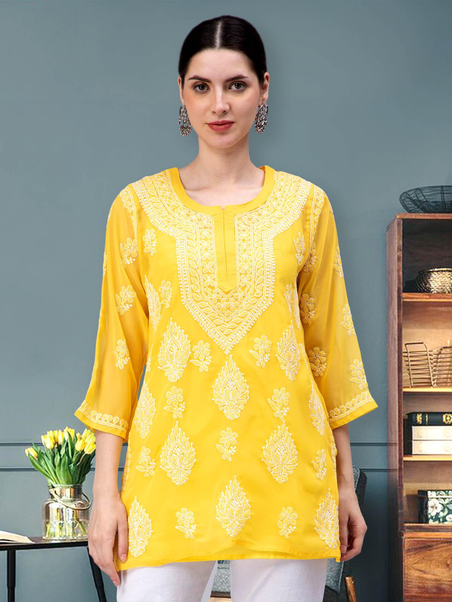 hand embroidery yellow cotton lucknowi chikankari kurti with slip (set of 2)