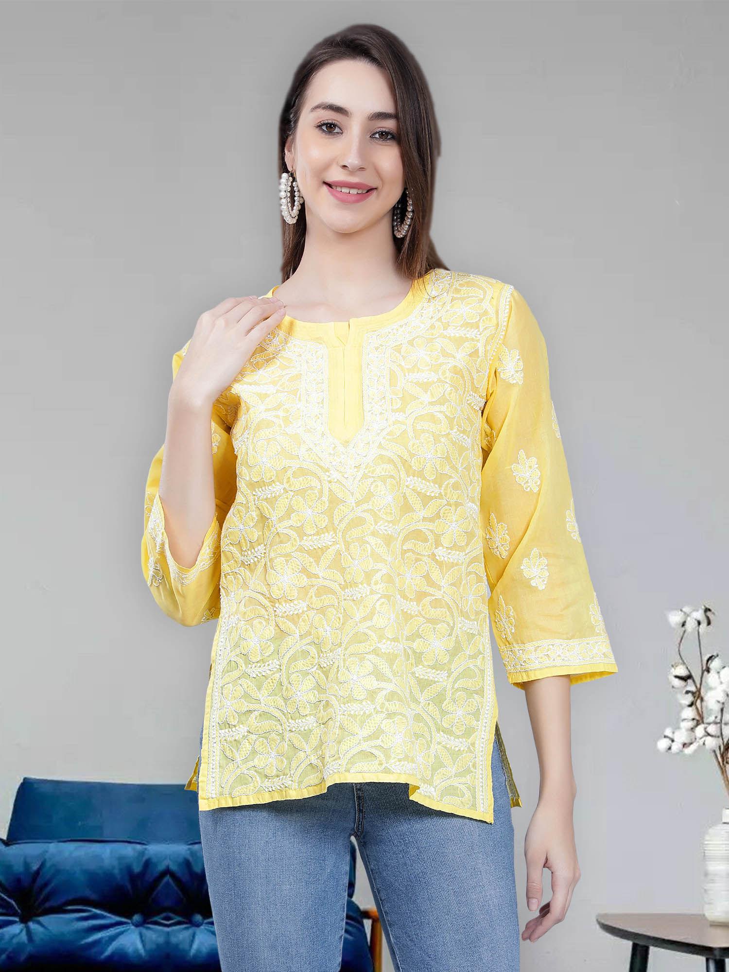 hand embroidery yellow cotton lucknowi chikankari kurti